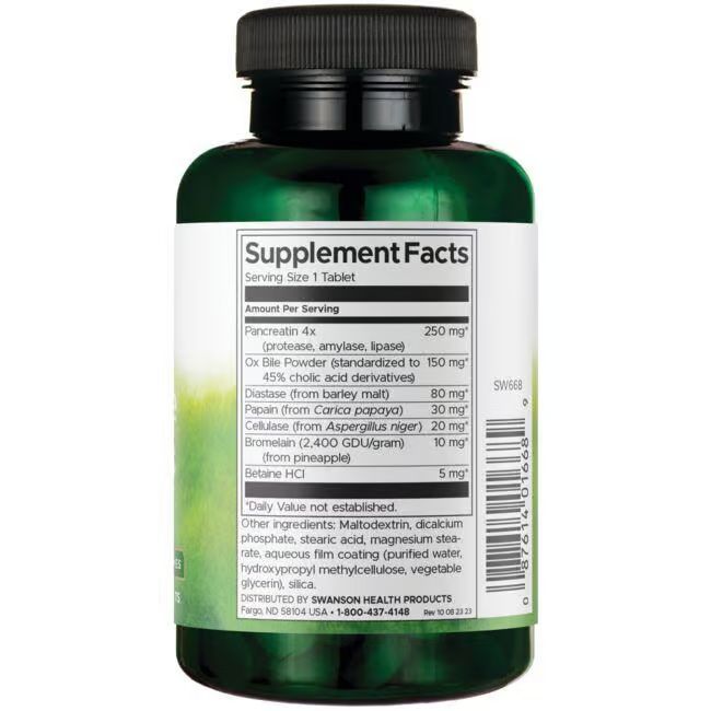 Dos du flacon vert. Contient les informations nutritionnelles et les ingrédients. SWANSON Health Products.