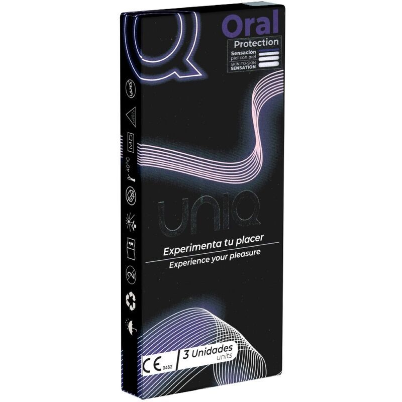 Verpakking UNIQ Oral Dental Dam. Zwart met witte tekst. Bevat 3 eenheden. Tekst: Oral Protection, Experimenta tu placer.