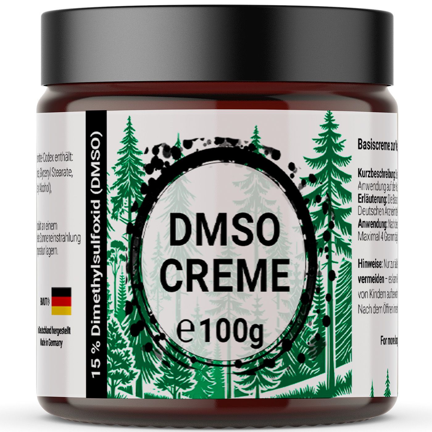 Bruine pot met zwart deksel. Label "DMSO CREME e100g". 15% Dimethylsulfoxide (DMSO). Gemaakt in Duitsland.