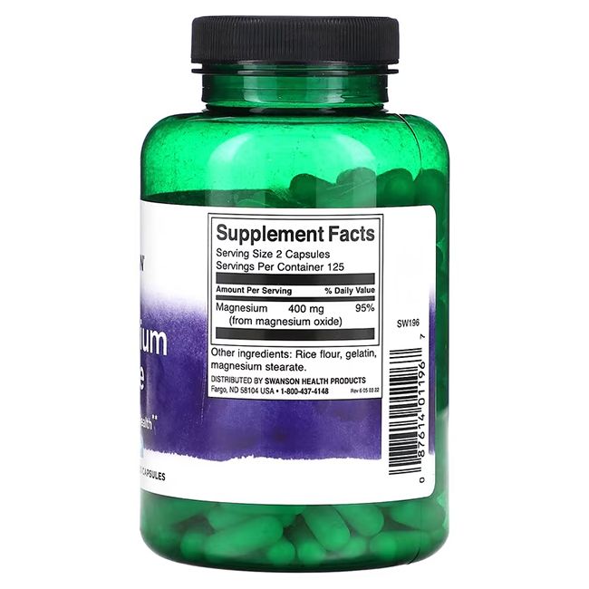 Flacon vert avec étiquette. Contient des gélules. Inscription: Supplement Facts. Magnésium 400 mg. Swanson Health Products.