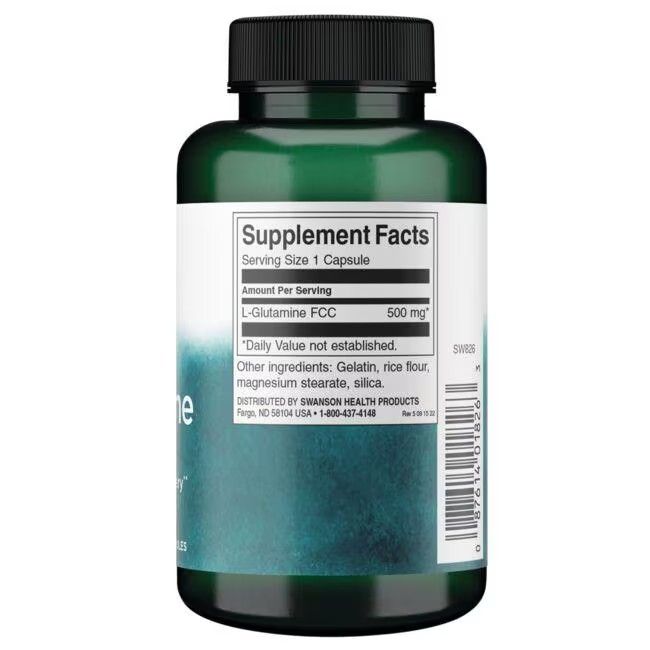 Dos du flacon vert. Étiquette avec informations nutritionnelles: L-Glutamine FCC, 500 mg. Autres ingrédients: gélatine, farine de riz, stéarate de magnésium, silice.