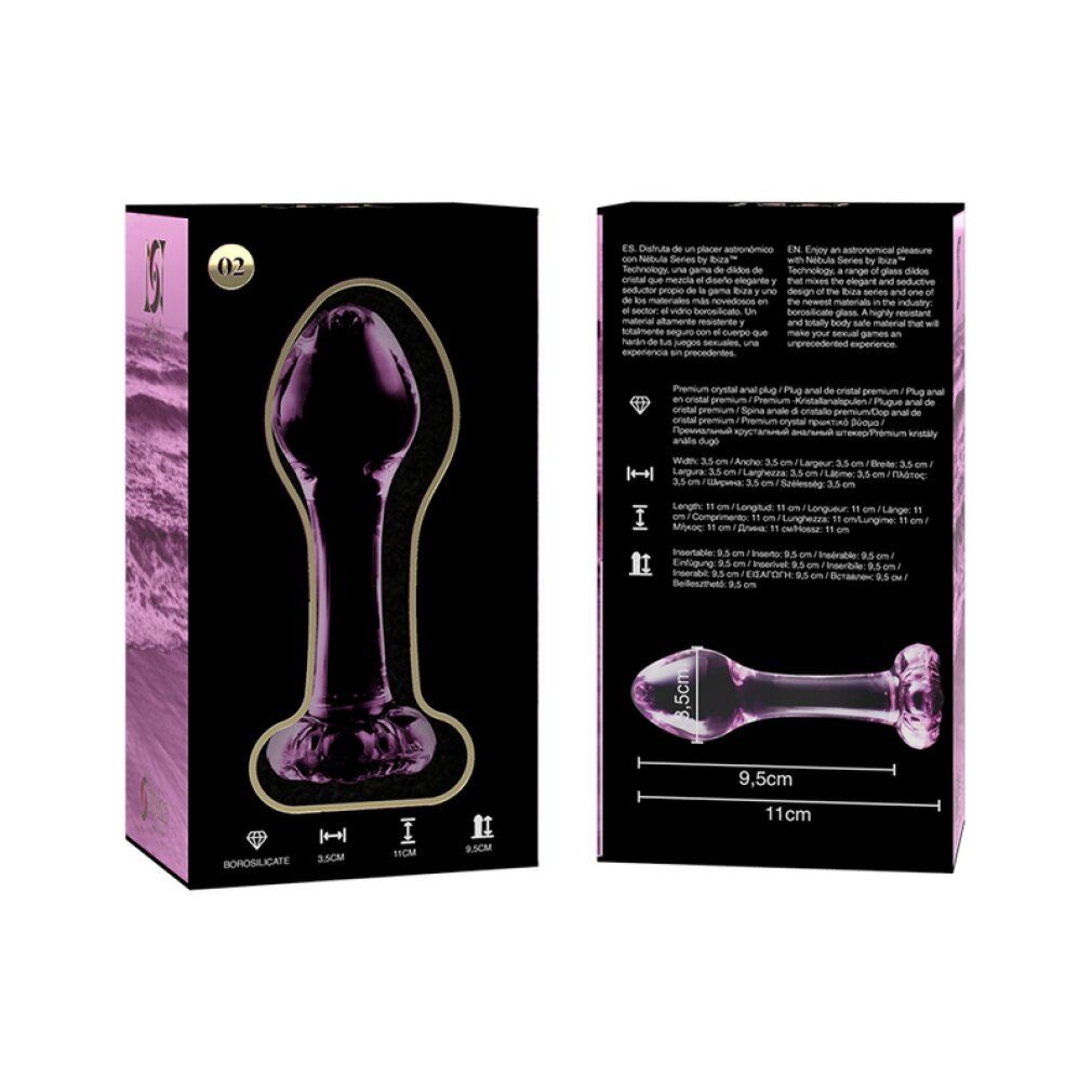 Emballage et plug anal en verre rose. La boîte montre l'image du produit et les détails.