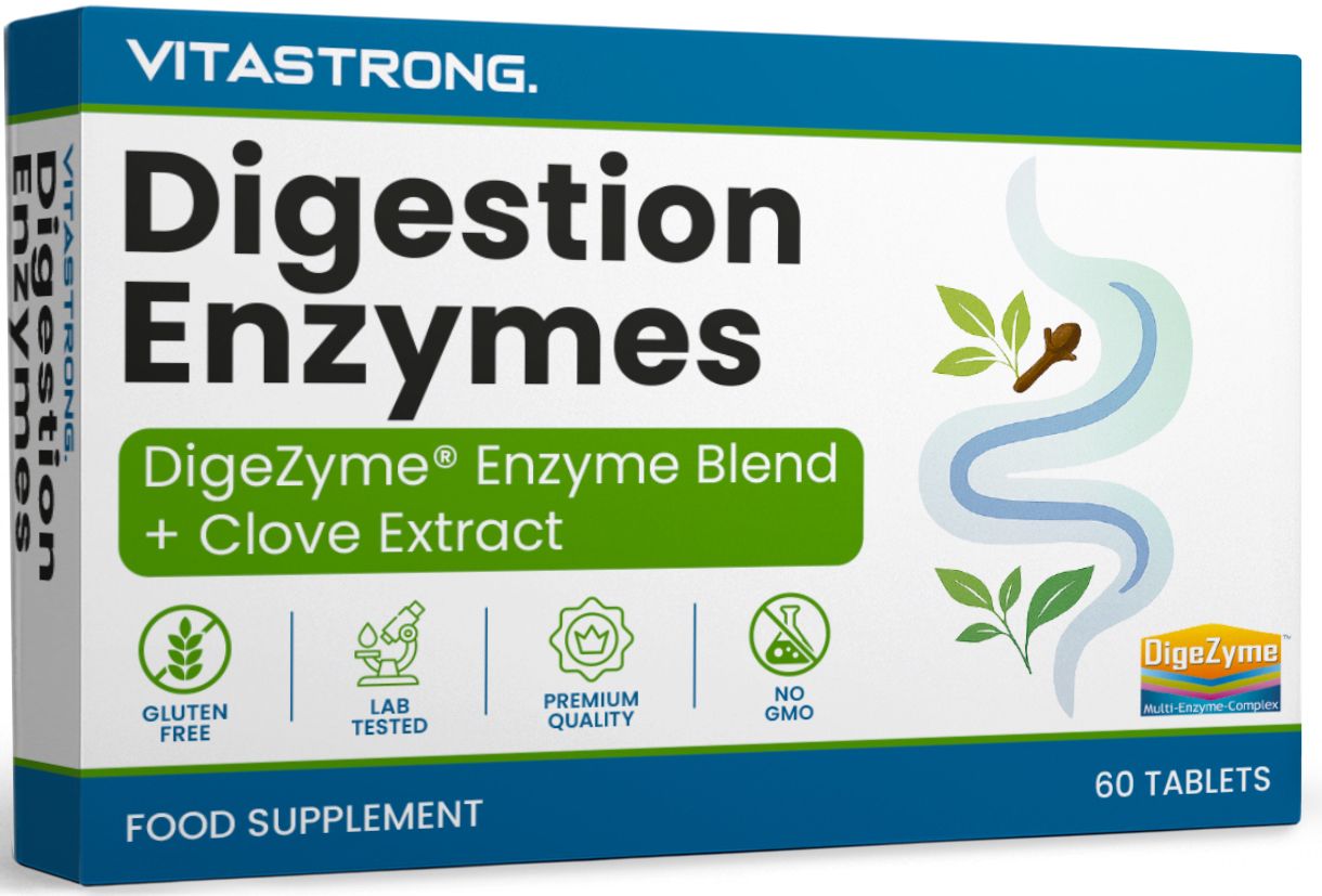Vitastrong Digestion Enzymes boîte de 60 comprimés, Sans Gluten, Testé en laboratoire, Qualité Premium, Sans OGM.