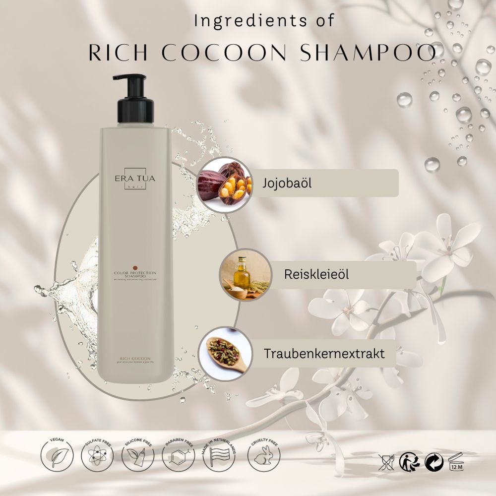 Flacon de shampooing beige avec pompe noire. Texte: Era Tua, Rich Cocoon Shampoo. Ingrédients: huile de jojoba, huile de son de riz, extrait de pépins de raisin.