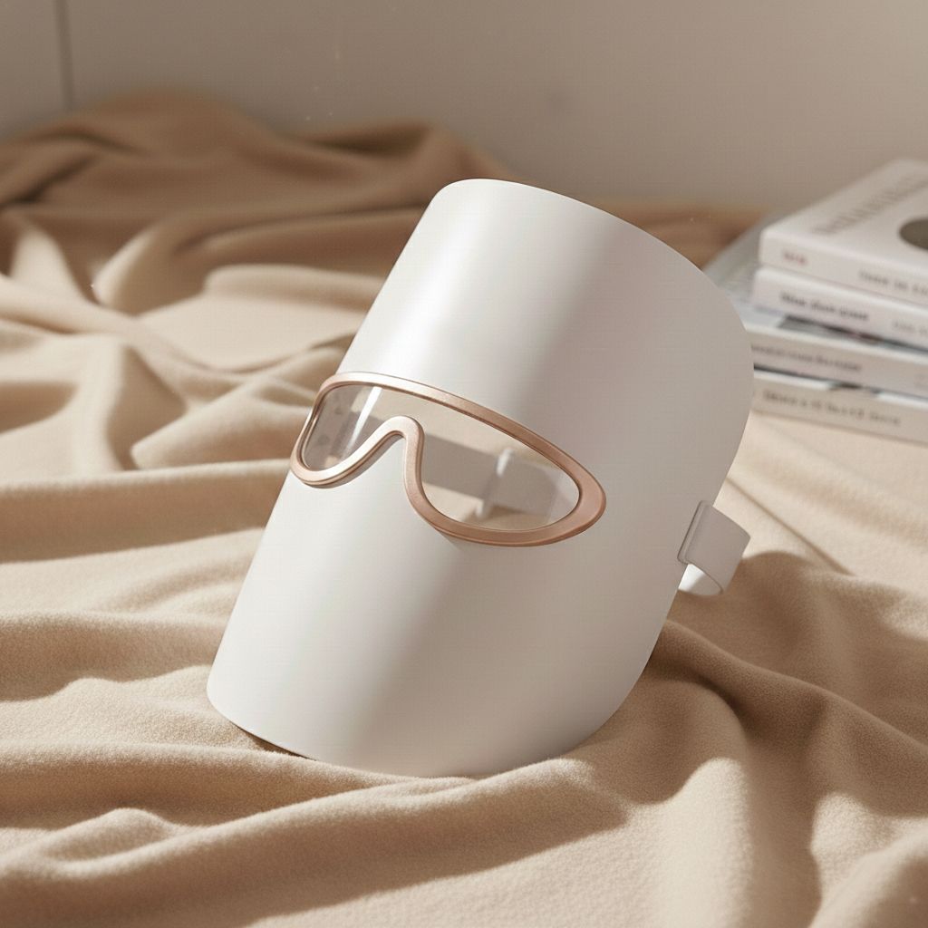 Wit LED-lichttherapiemasker met gouden accenten, liggend op een beige stof.