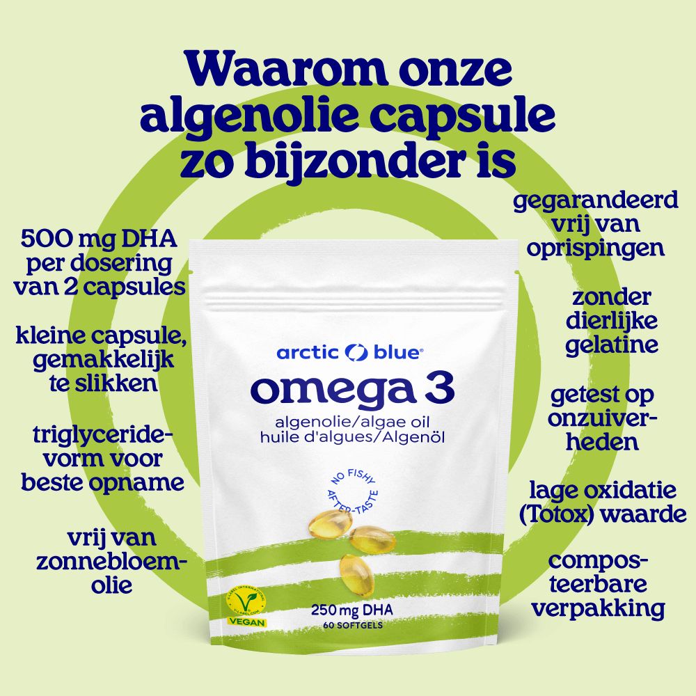 Stand-up pouch met Arctic Blue Omega 3 algenolie capsules, met nadruk op voordelen zoals 500mg DHA.