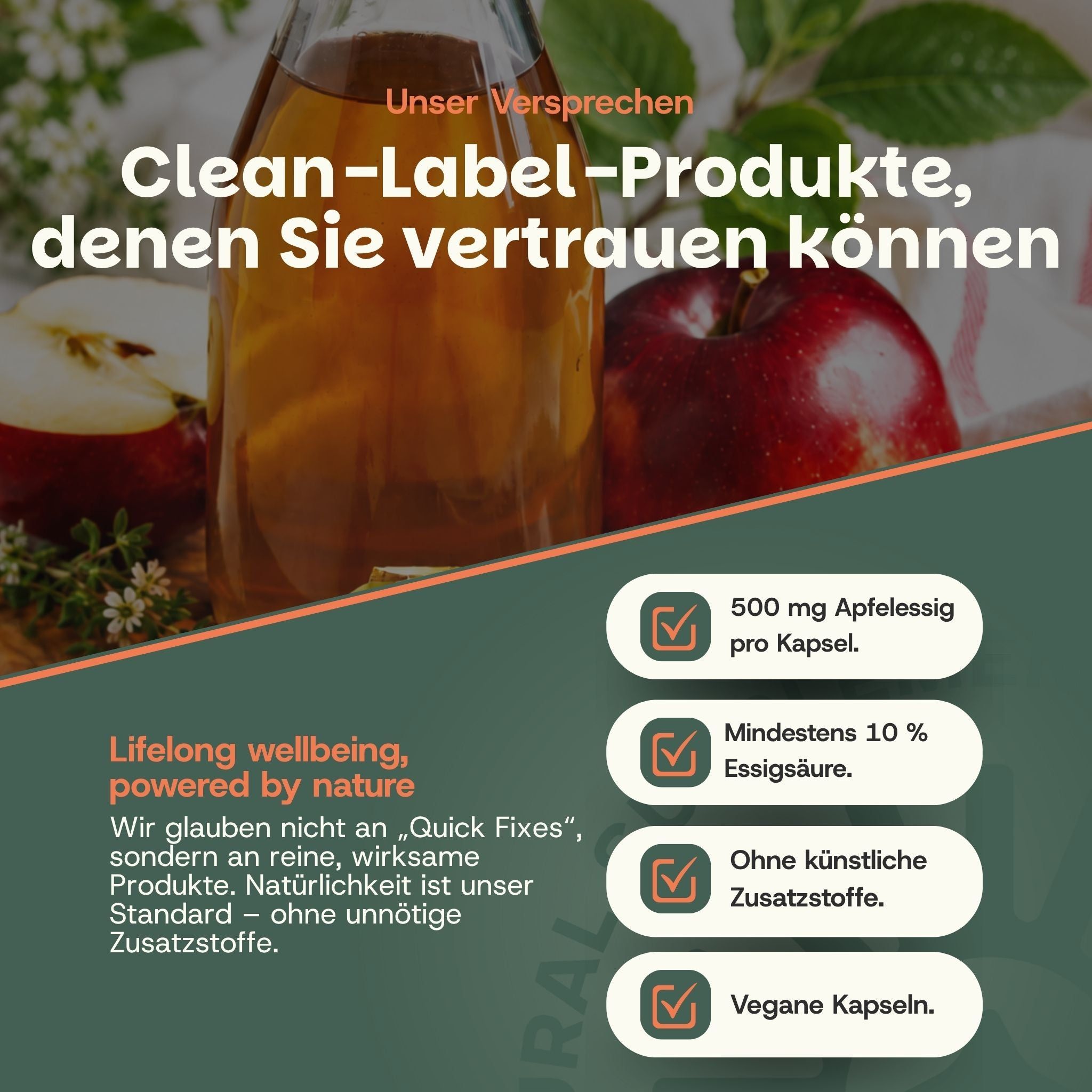 Bouteille de vinaigre de cidre avec des pommes en arrière-plan. Informations sur les ingrédients et les promesses.