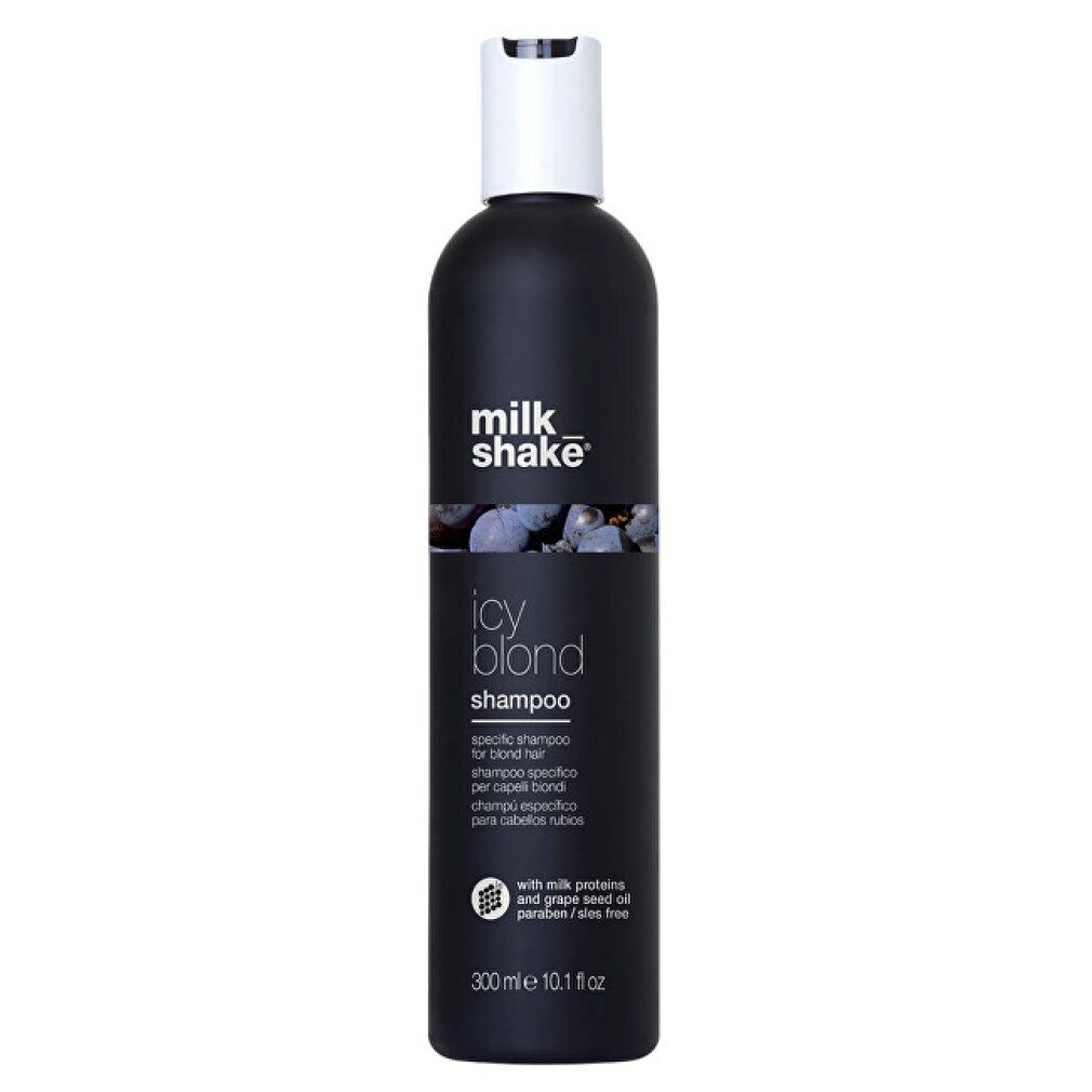 Bouteille noire Milk Shake Icy Blond Shampoo, 300ml, pour cheveux blonds.