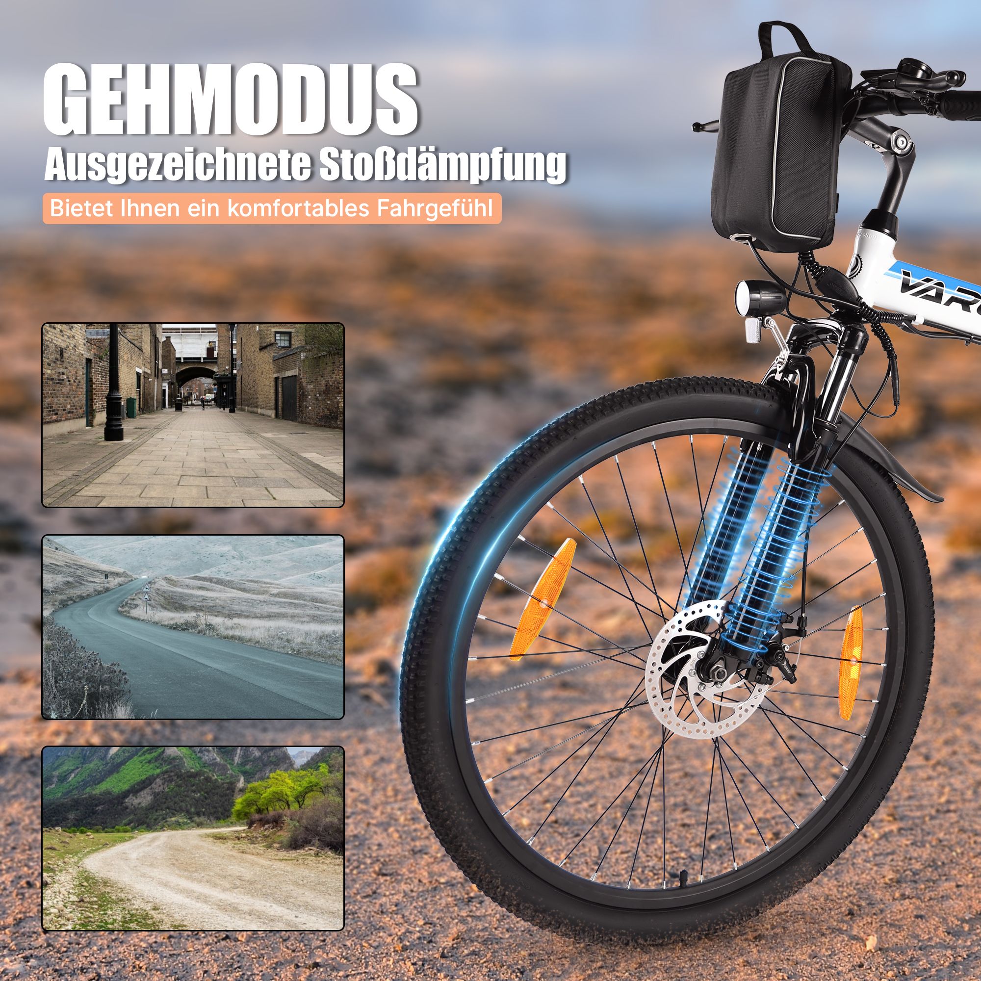 Vélo électrique avec amortisseurs. Vues de routes. Pneus noirs, réflecteurs orange.