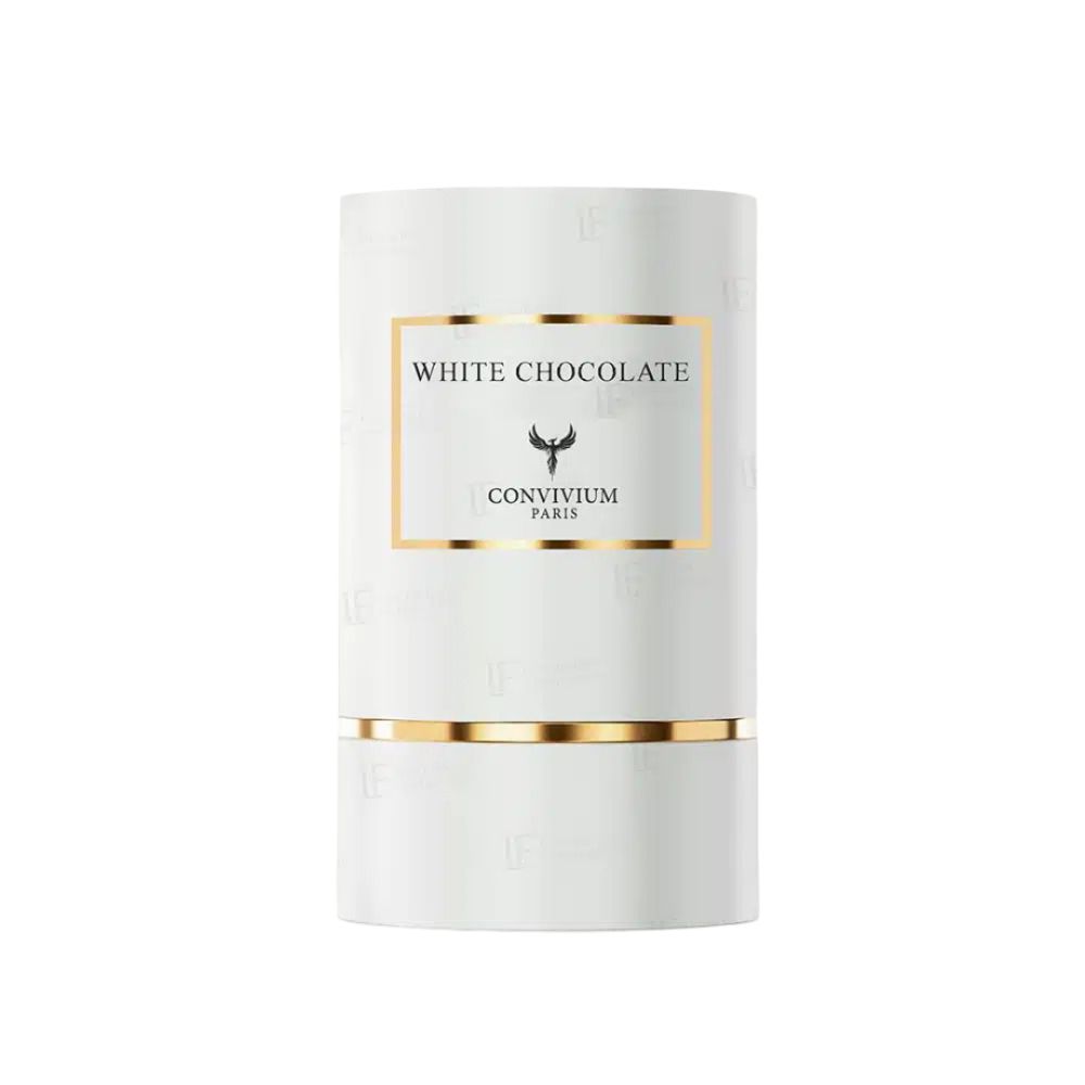 Emballage cylindrique. Inscription: White Chocolate, Convivium Paris. Accents dorés.