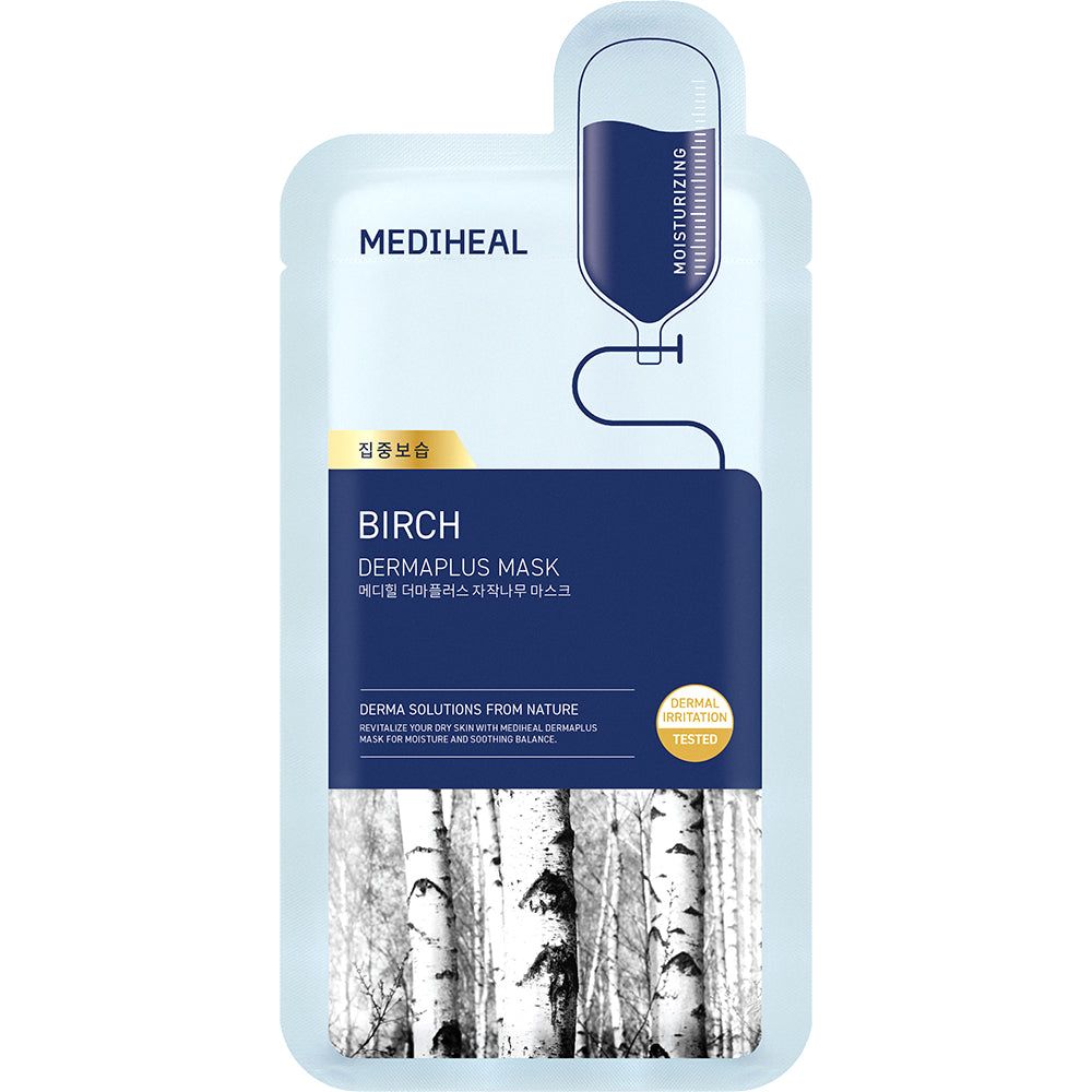 Emballage MEDIHEAL Dermaplus Birch Mask. Bleu clair, texte et motif de bouleau.