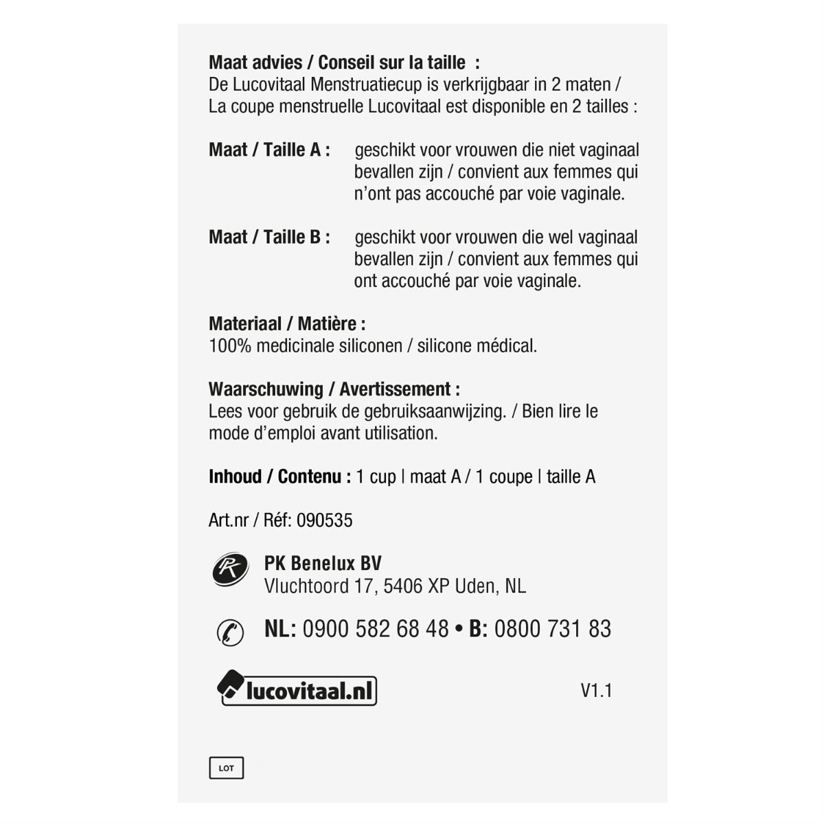 Tekst op witte achtergrond. Informatie over de menstruatiecup. Maten A en B. Materiaal: 100% medische siliconen.