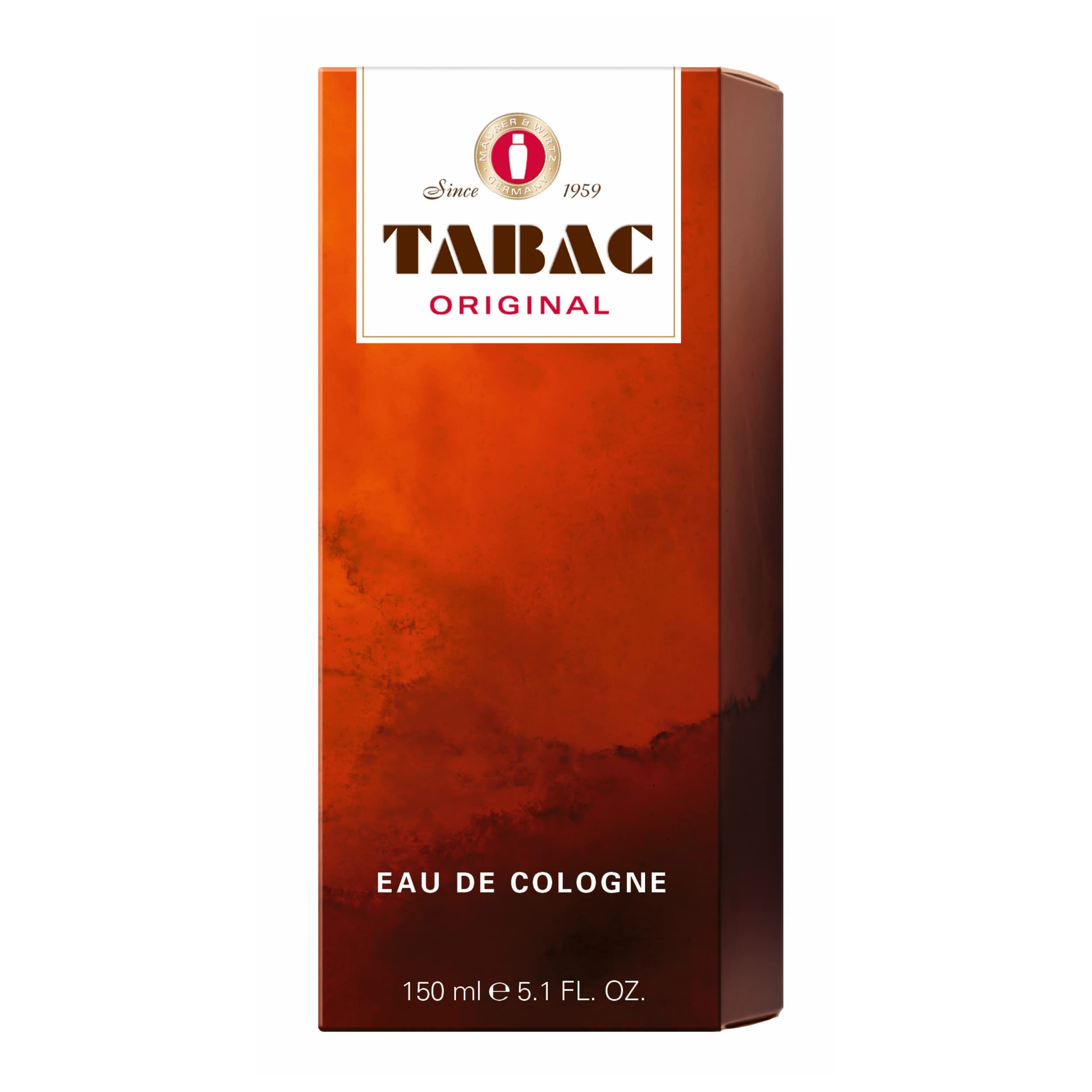 Emballage marron et rouge. Tabac Original Eau de Cologne. Inscription Eau de Cologne. 150 ml.