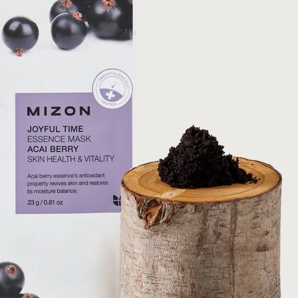 Emballage produit avec texte: MIZON Joyful Time Essence Mask Acai Berry. Testé dermatologiquement. Masse noire sur souche.