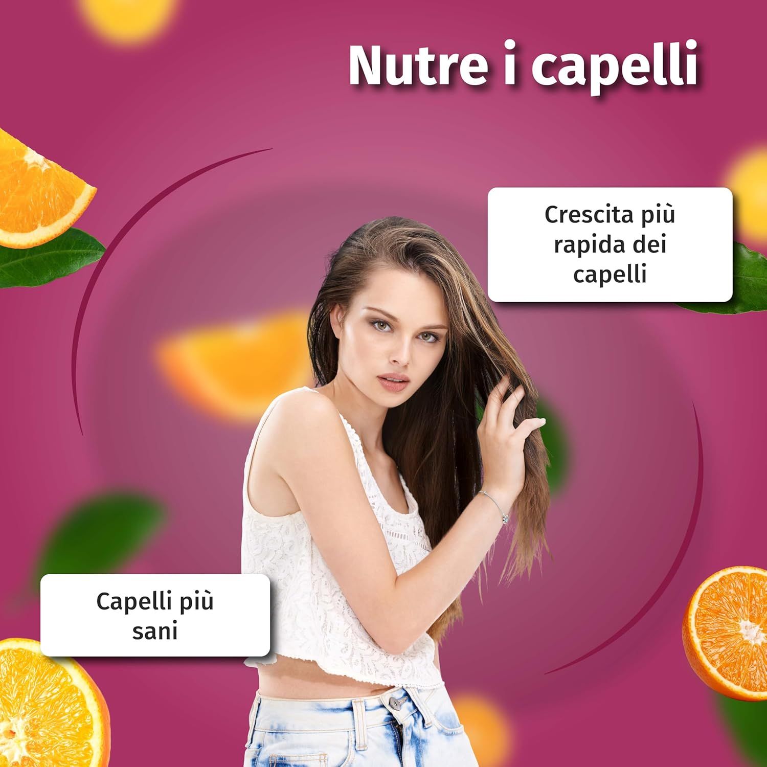 Femme aux cheveux longs, tirant sur une orange. Texte : Nourrit les cheveux. Texte : Croissance plus rapide des cheveux. Texte : Cheveux plus sains.