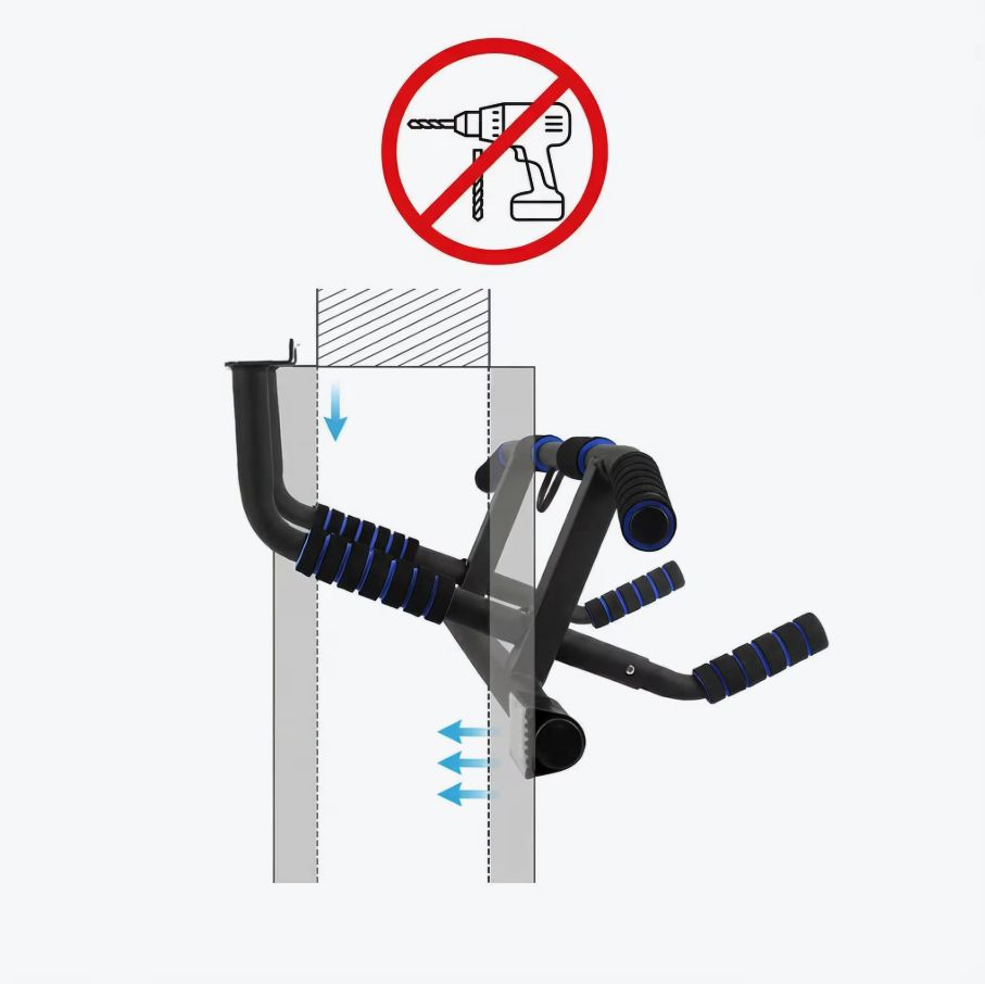 Barre de traction pour cadre de porte. Montage sans perçage. Structure métallique noire avec poignées bleues.