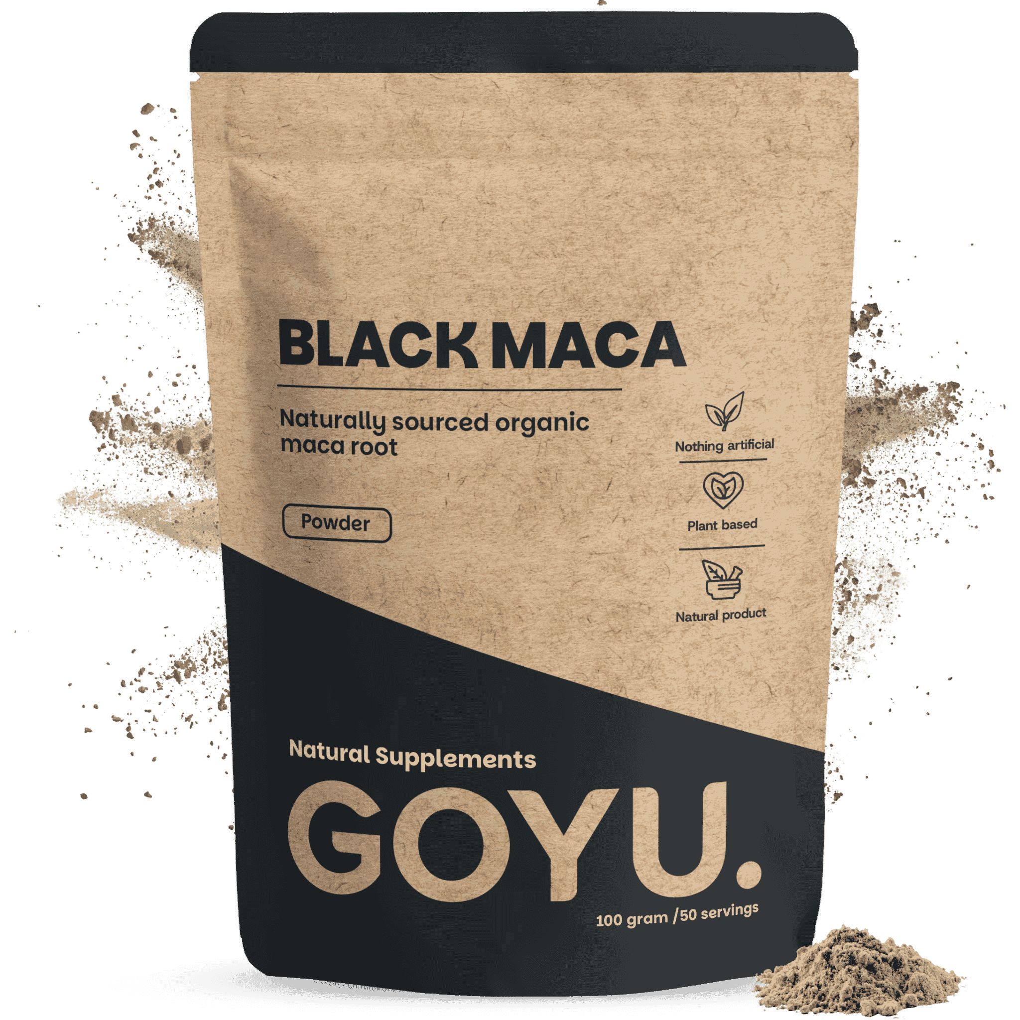Poudre de Maca Noire GOYU dans un emballage de sachet debout brun. 100g.