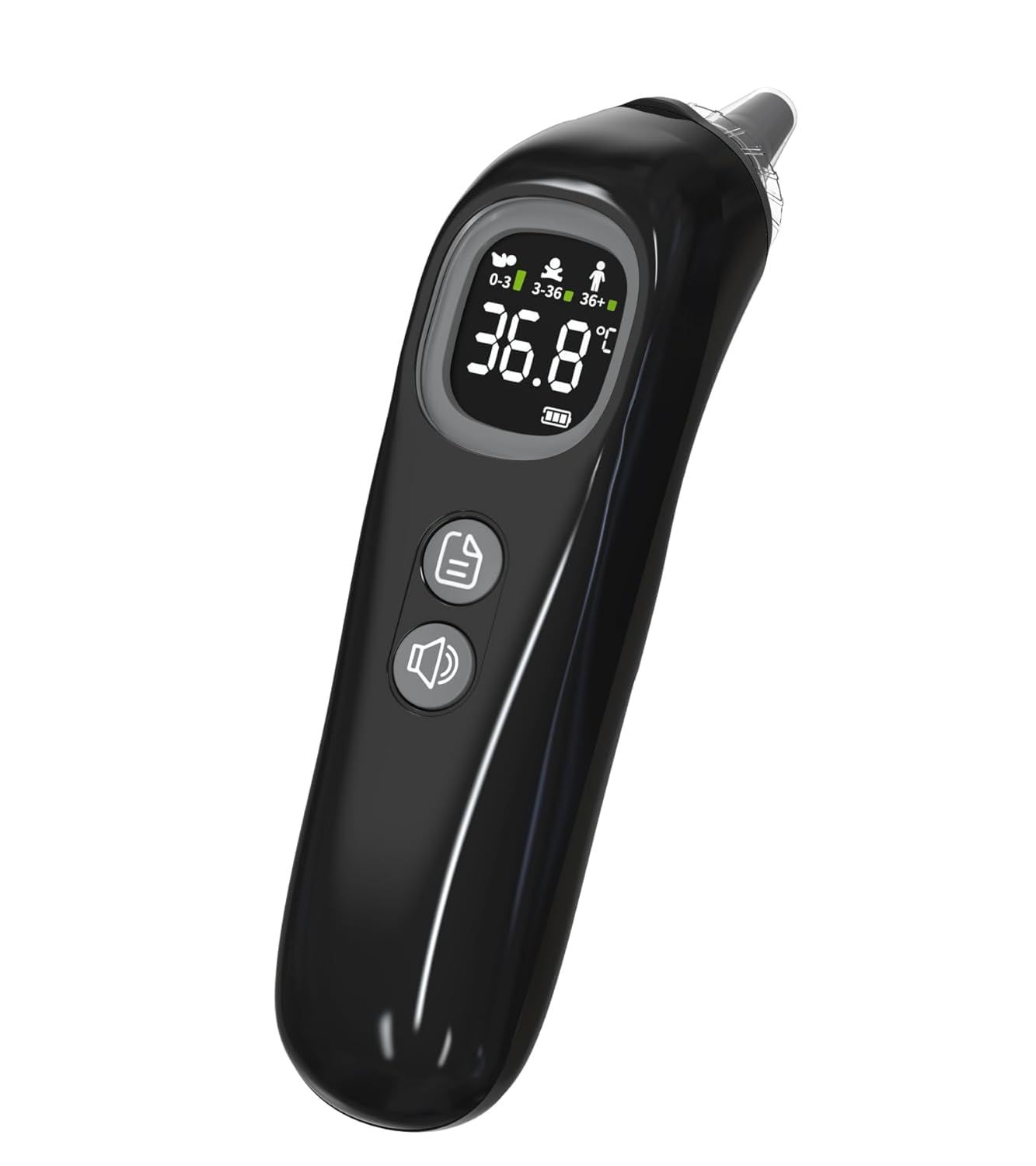 Thermomètre auriculaire noir. Écran numérique avec affichage de la température et des symboles. Deux boutons. Indicateur de batterie.