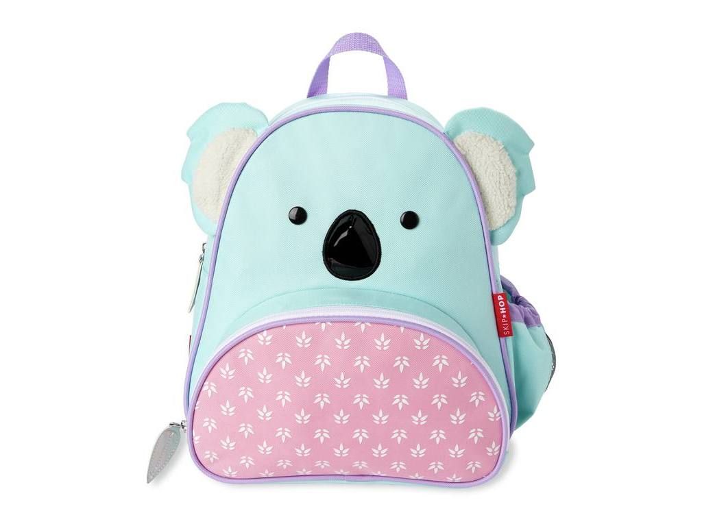 Turquoise koala rugzak met oren, ogen en roze bodem. Ritssluiting en handvat. Merk Skip Hop.