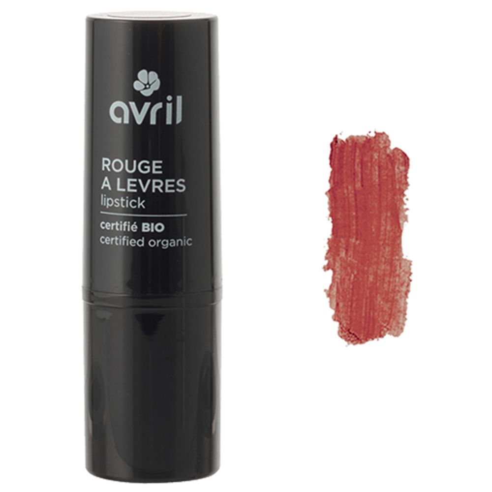 Rouge à lèvres Avril, noir, avec logo blanc et texte. À côté, une trace de rouge à lèvres rouge-brun. Certifié bio.