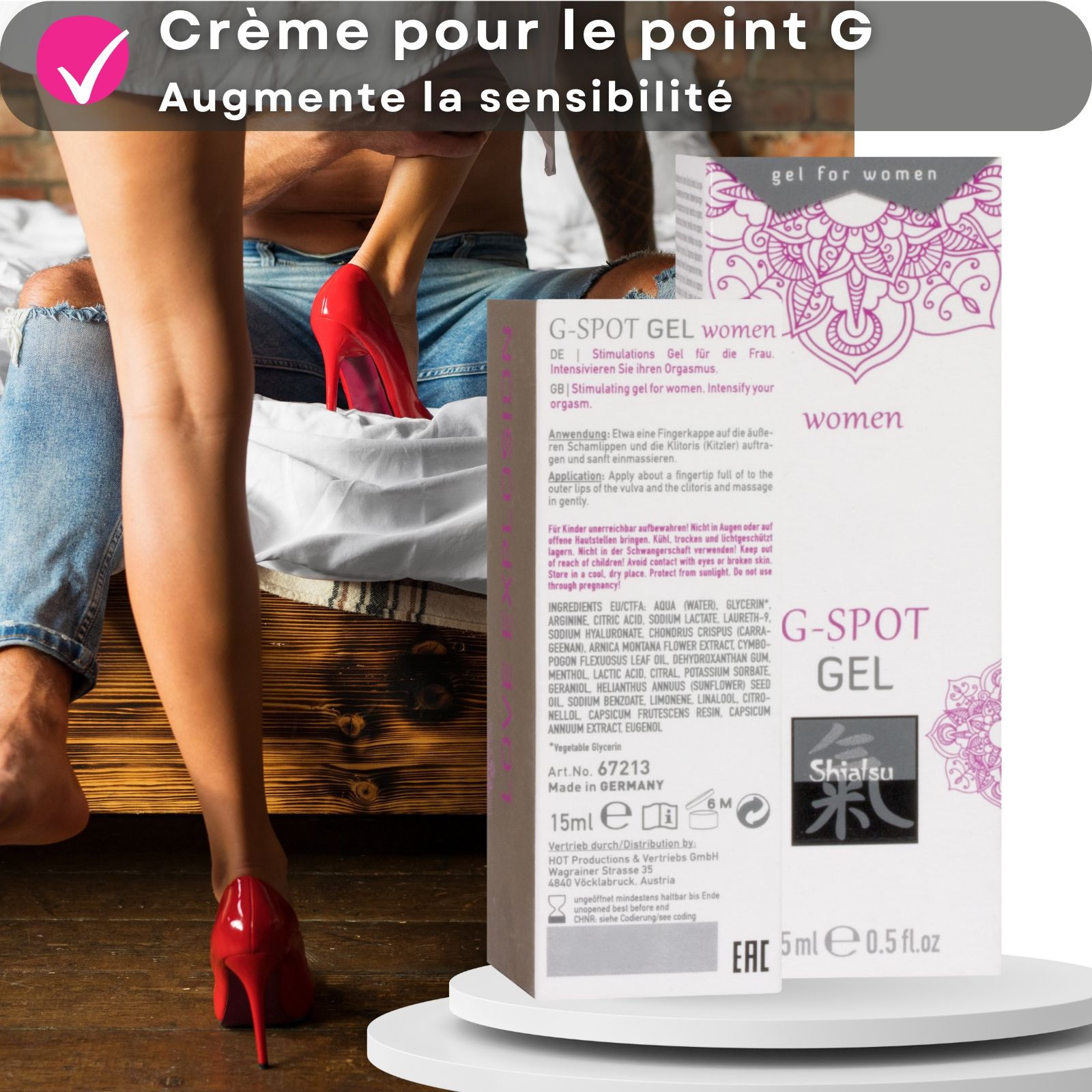 Produit et couple. Boîte et texte : G-Spot Gel. Avantages : sensibilité, soin de la peau.