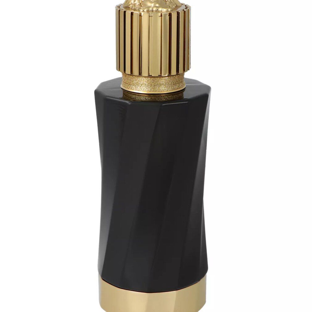 Zwarte fles met gedraaid design en gouden dop, met een gedetailleerde, geribbelde bovenkant.