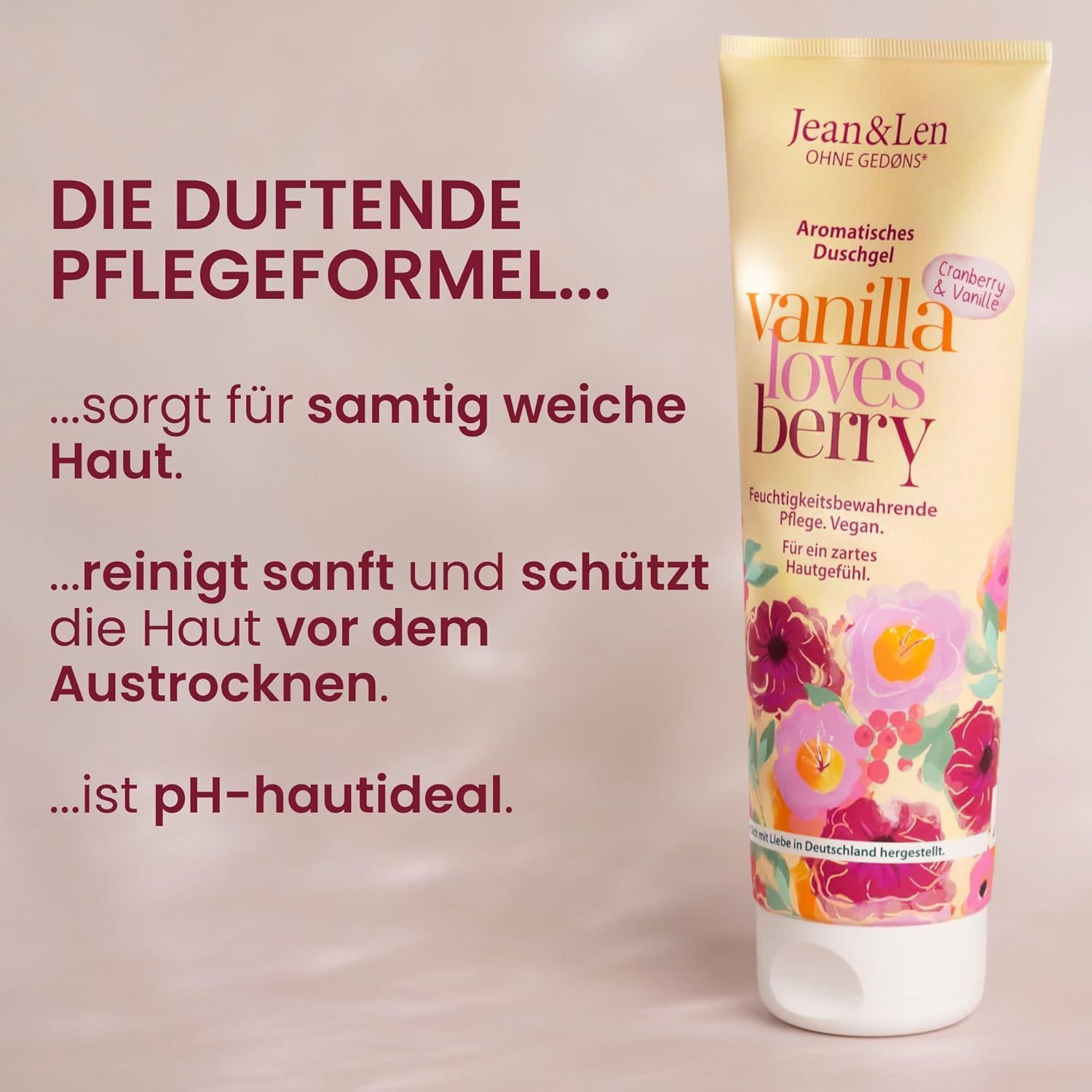 Tube met douchegel, tekst: Aromatische douchegel, Vanilla loves Berry. Tekst: De geurende verzorgingsformule... maakt de huid zacht. pH ideaal.