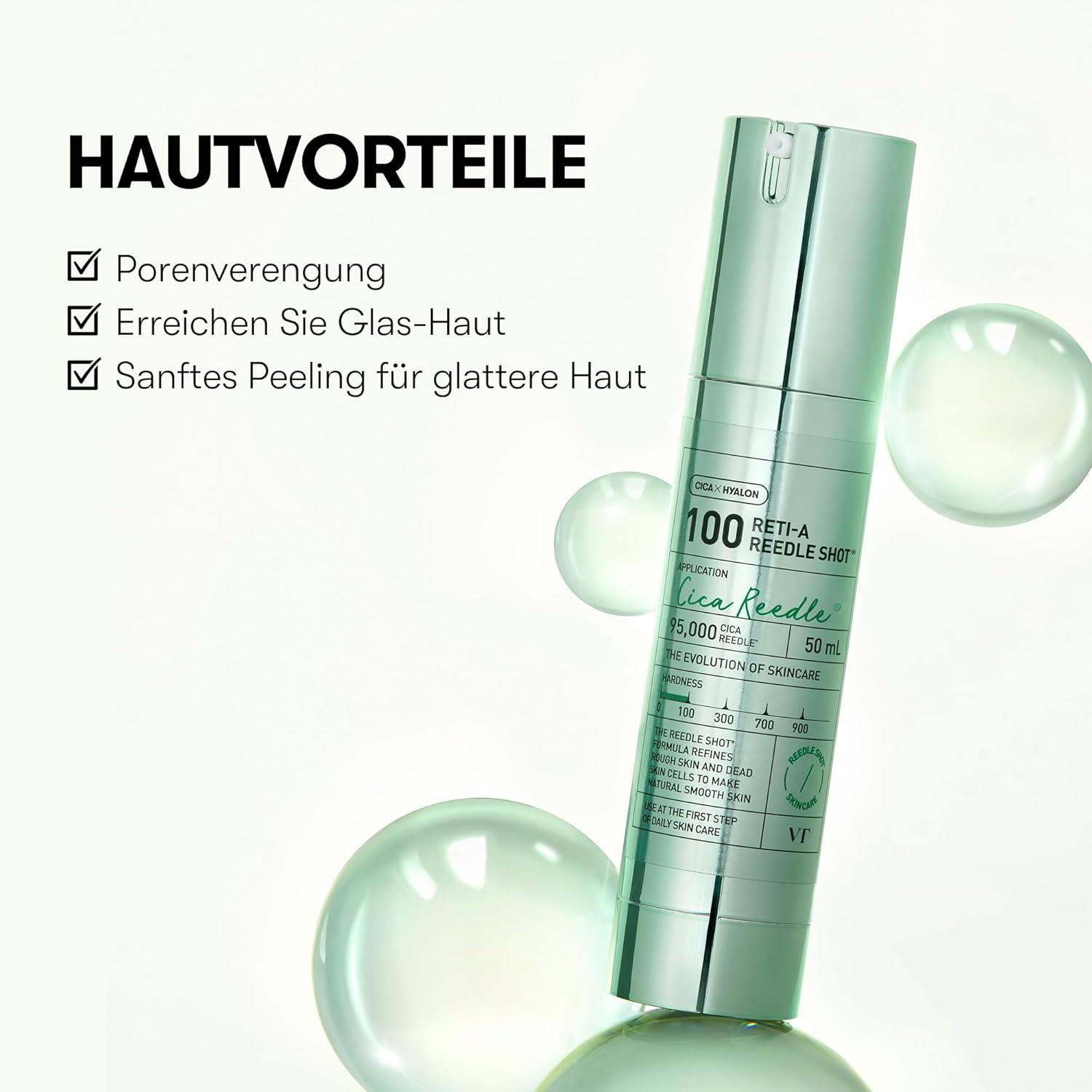 Zilveren fles met pompdos. Tekst: Huidvoordelen, Porie vernauwing, Glas huid.
