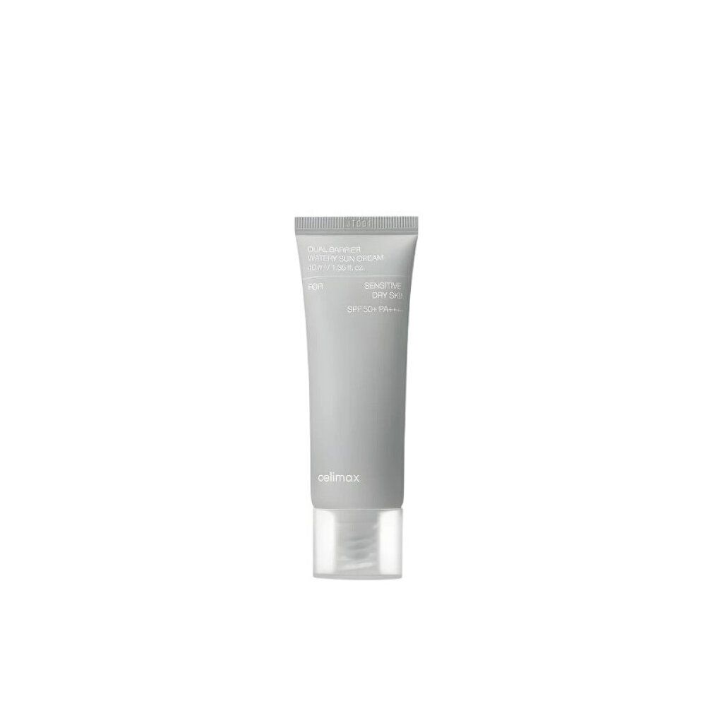Tube Celimax Dual Barrier Watery Sun Cream, SPF 50+ PA++++, pour peaux sensibles/sèches.