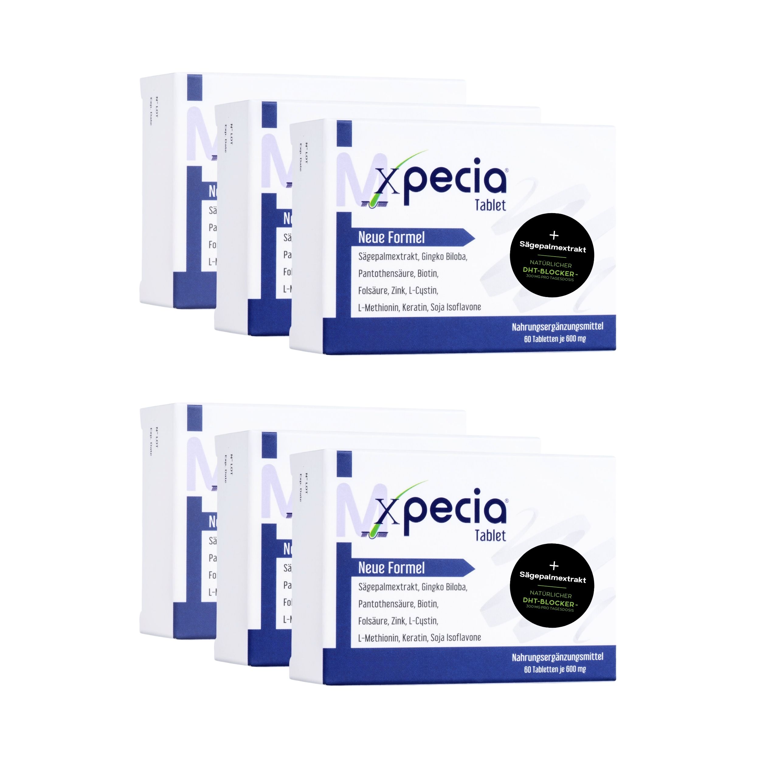 Plusieurs boîtes de comprimés Xpecia. Emballage blanc avec accent bleu. Texte : Nouvelle formule. Complément alimentaire.