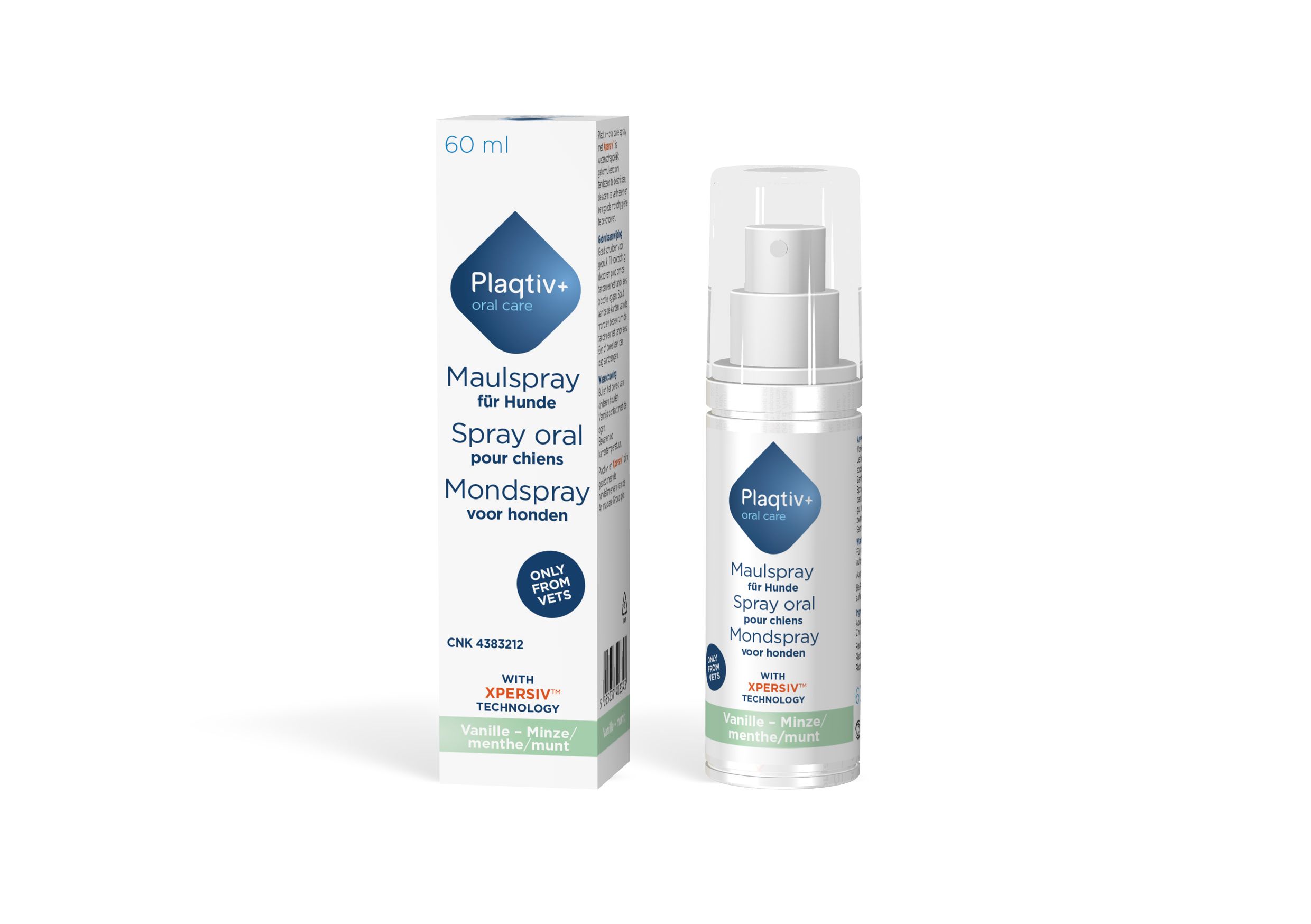 Wit mondspray met spuitkop en doos. Opschrift: Plaqtiv+ Maulspray voor honden, Spray oral, Mondspray. 60 ml.