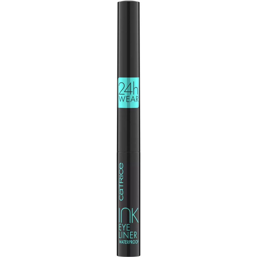 Stylo eye-liner noir avec accents turquoise. Inscriptions: 24h WEAR, CATRICE, INK EYE LINER WATERPROOF.