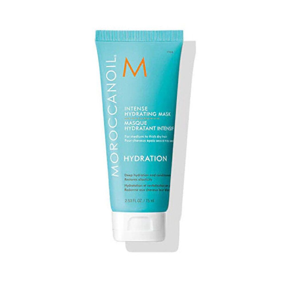 Turquoise tube met witte dop. Opschrift: Moroccanoil, Intense Hydrating Mask, Hydration. Voor dik haar.