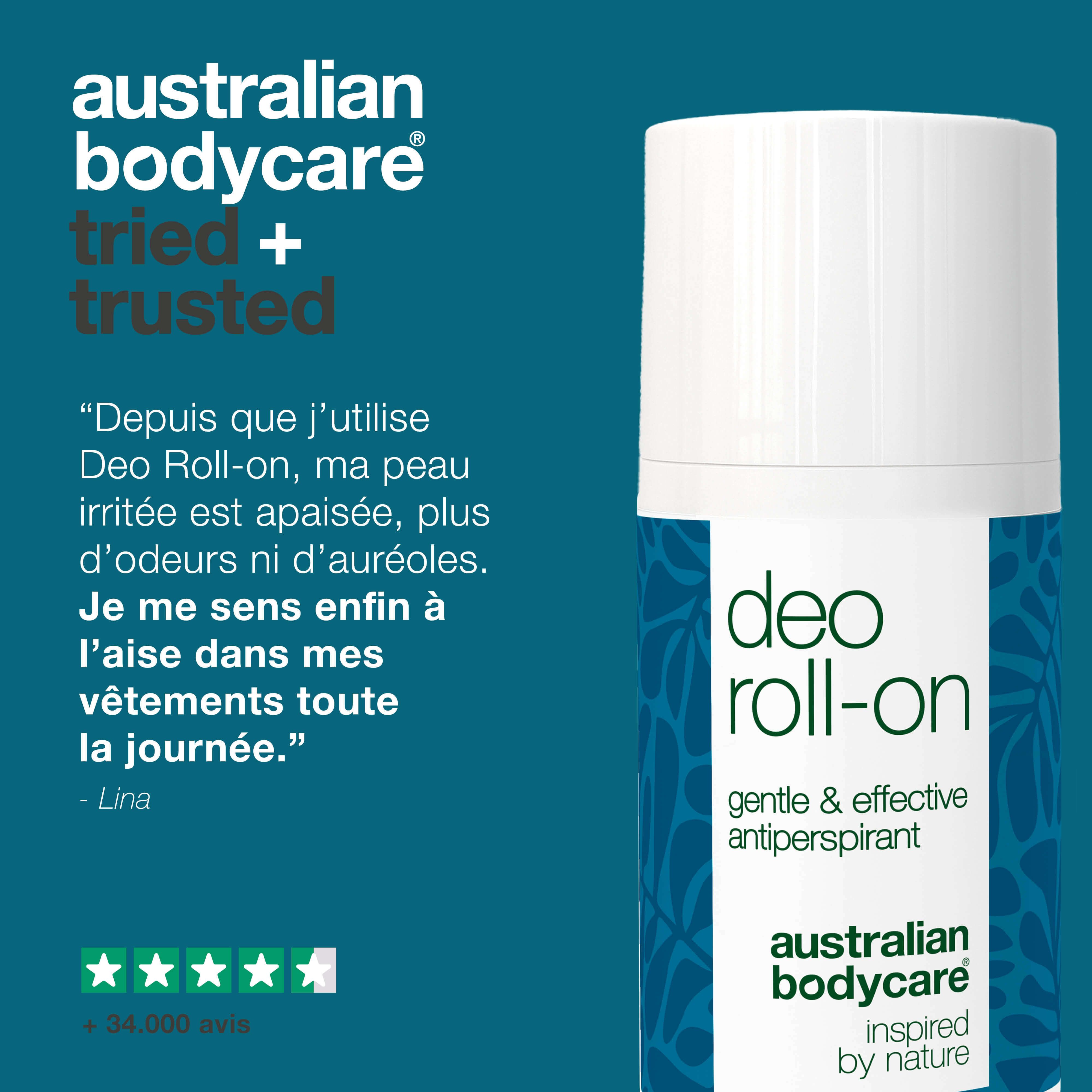 Roll-on déodorant. Texte: gentle & effective antiperspirant. Australian Bodycare. Témoignage. Évaluation 5 étoiles.