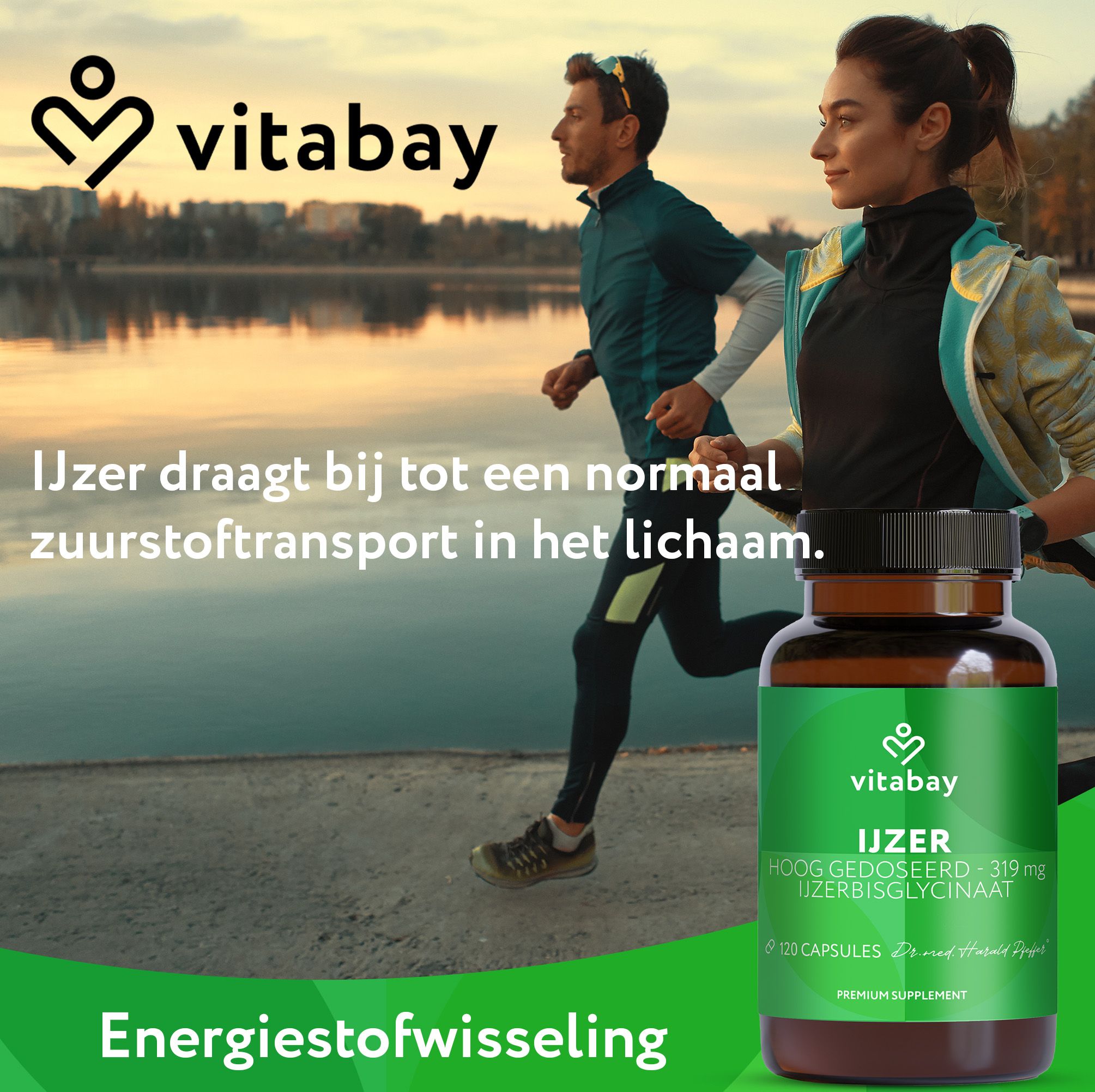 Vitabay Hooggedoseerd IJzerbisglycinaat met iconen: Glutenvrij en lactosevrij, Zonder aroma's/kleurstoffen, Zonder suiker/zoetstoffen.
