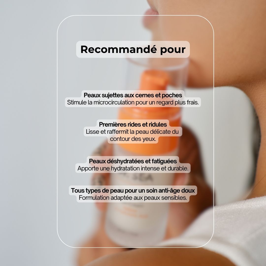Flacon de produit avec texte et illustrations. Texte : Dr. SEA, Moisturising Corrective Eye Cream, Rétinol & Acide Hyaluronique. Recommandé pour...