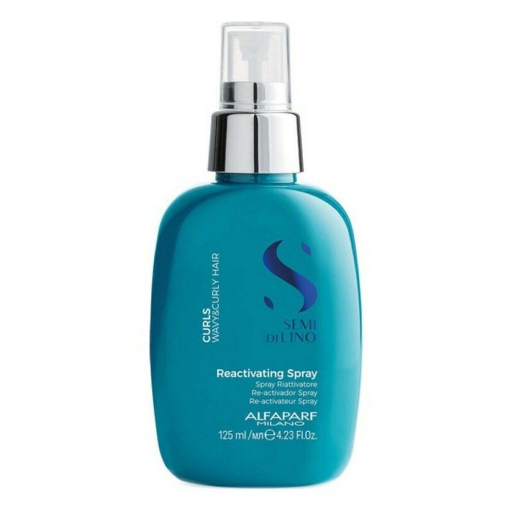 Flacon spray bleu sarcelle avec pompe argentée. Texte : 'SEMI DI LINO', 'Reactivating Spray', 'ALFAPARF MILANO', '125 ml'.