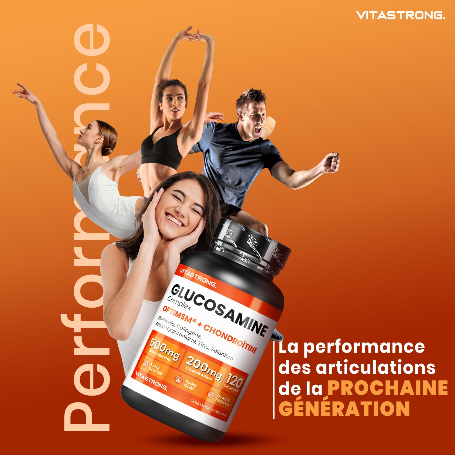 Vitastrong Glucosamine + Chondroïtine fles. Opschrift: 120 tabletten. Oranje achtergrond. Vitastrong logo. Tekst.
