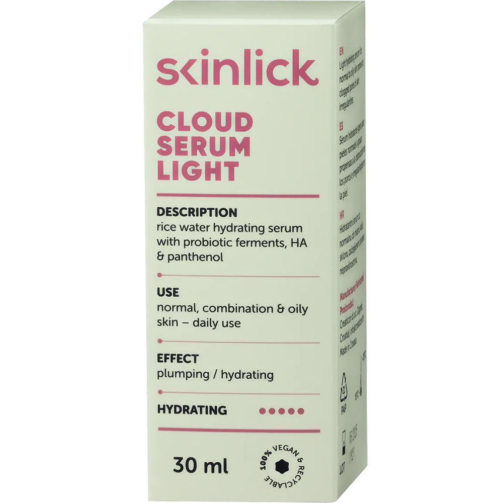 Skinlick Cloud Serum Light 30ml doos met rijstwater serum, probiotische fermenten, HA & panthenol.