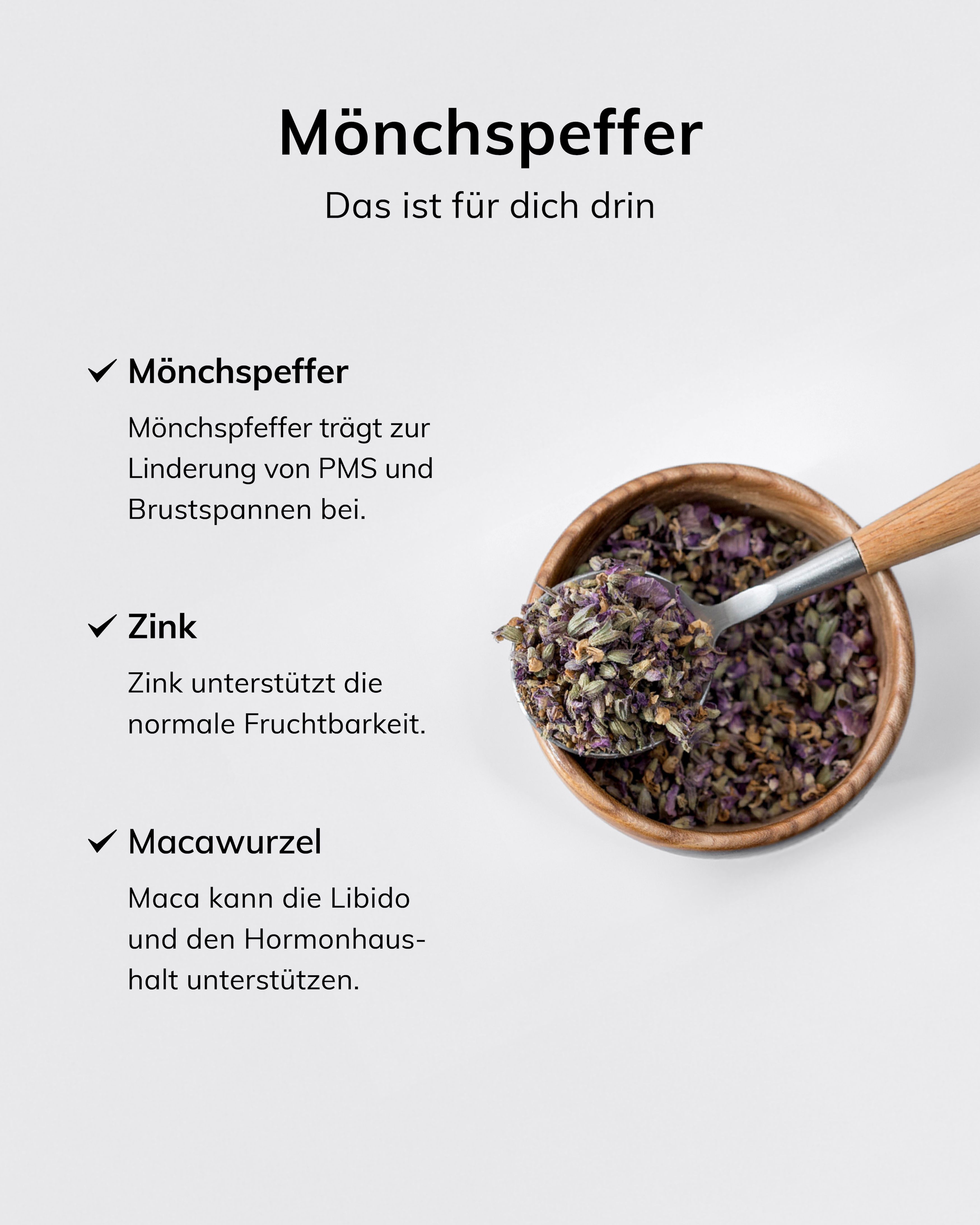 Bol en bois avec poivre des moines et cuillère. Contient du zinc et de la racine de maca.