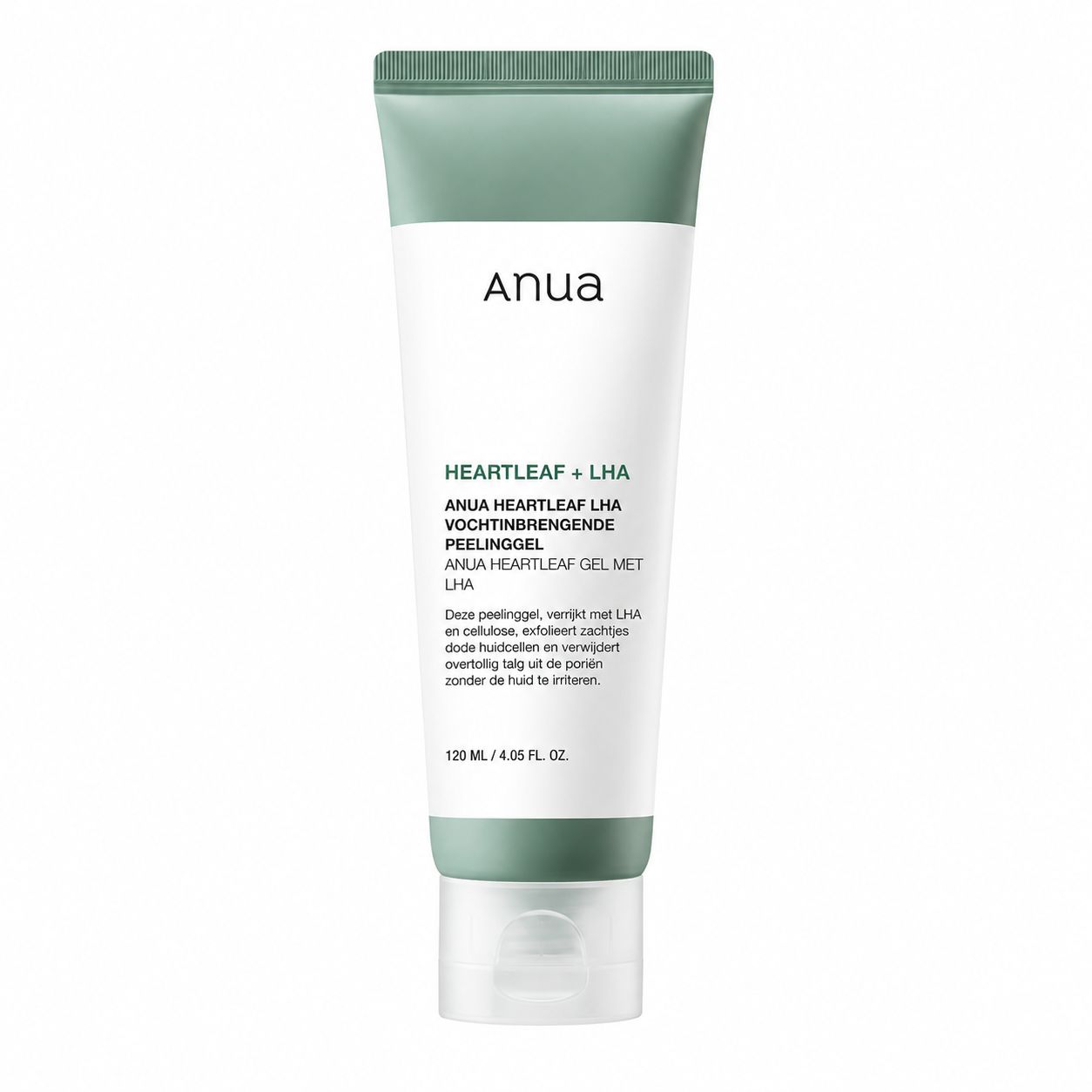 Anua Heartleaf + LHA hydraterende peelinggel in een witte tube met groene accenten. 120 ml.