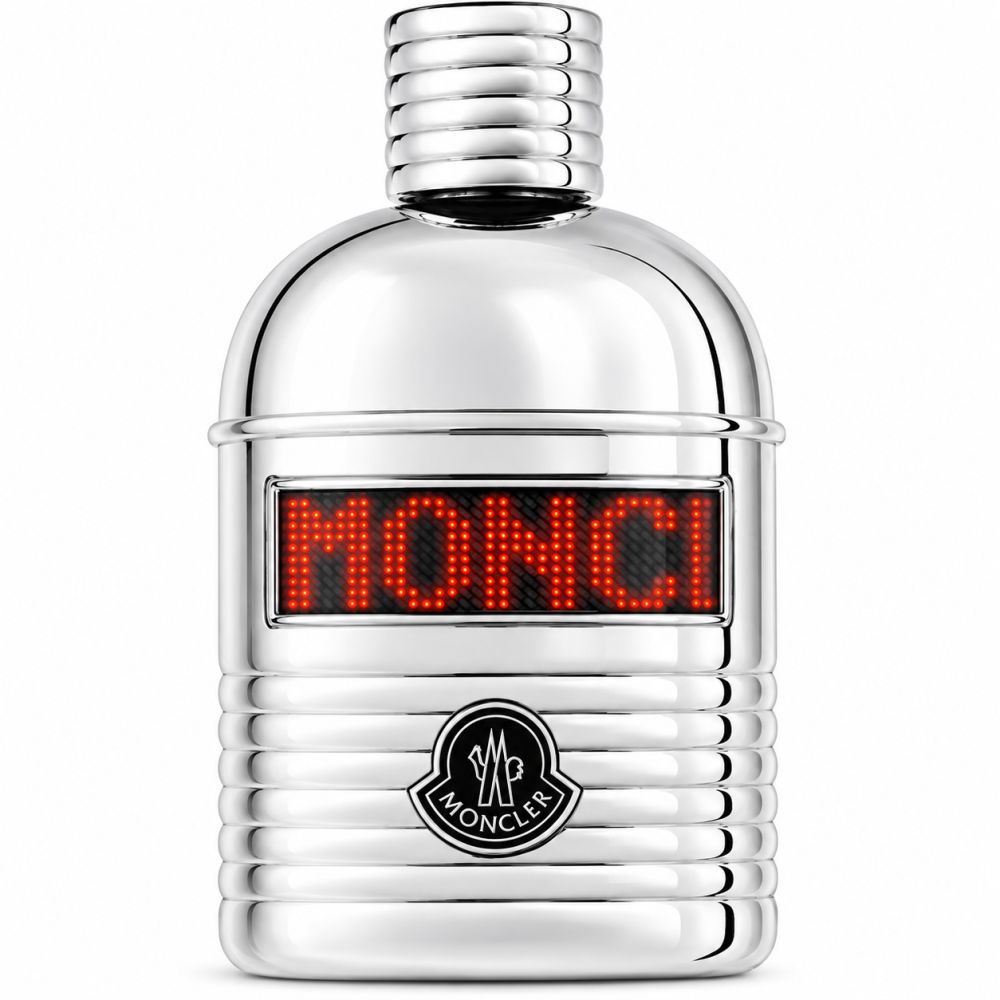 Zilveren fles met geribbeld ontwerp, rood LED-display met "MONCLER" en Moncler-logo.