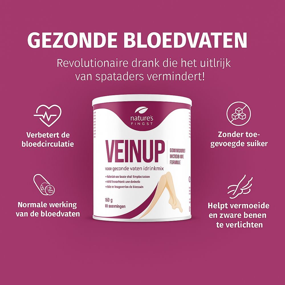 Reclame voor Nature's Finest VEIN UP. Pot met product. Grafieken: hart, suiker, aderen, benen. Tekst in het Nederlands.