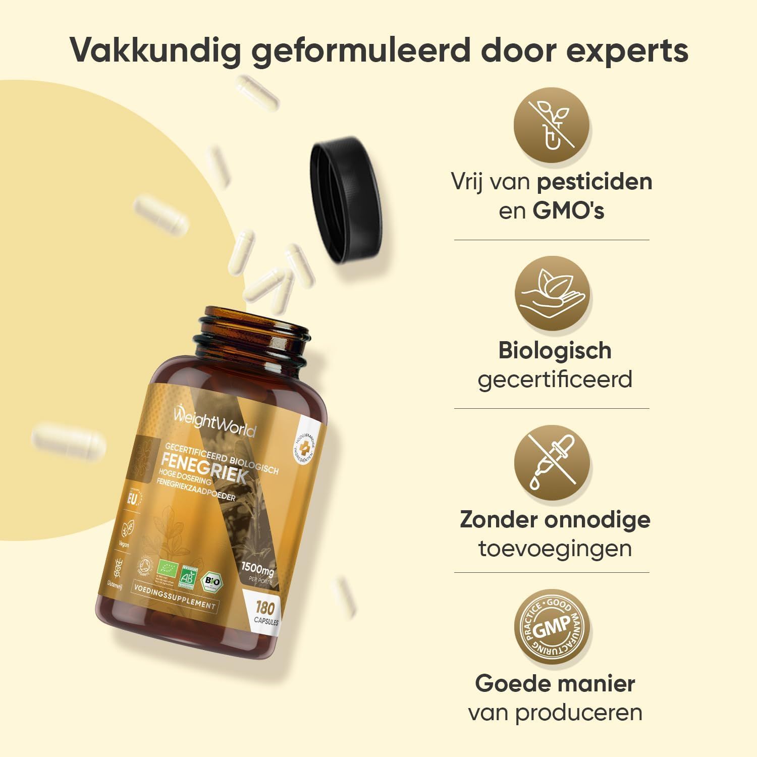 Bruine fles met Fenegriek capsules, 1500mg per capsule, 180 capsules. Vrij van pesticiden, GMO's, biologisch gecertificeerd.