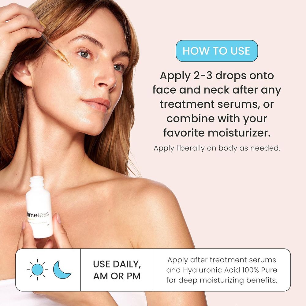 Vrouw met pipet. Productfles zichtbaar. Tekst: HOE TE GEBRUIKEN. Dagelijks 's ochtends of 's avonds gebruiken.