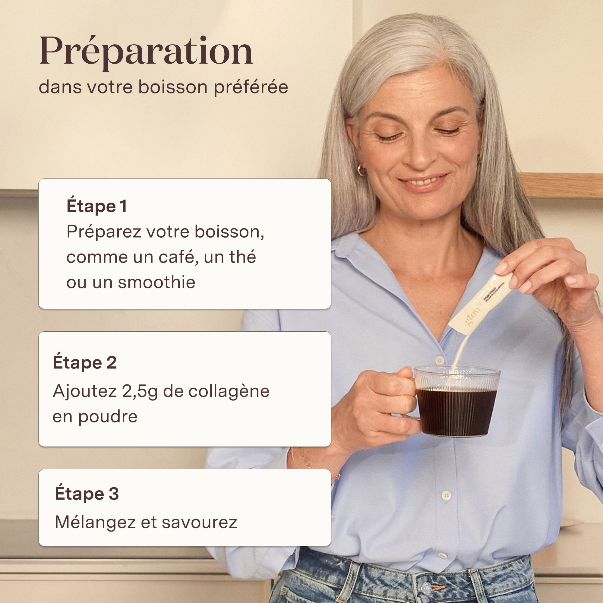 Femme prépare une boisson. Texte : Préparation dans votre boisson préférée. 3 étapes.