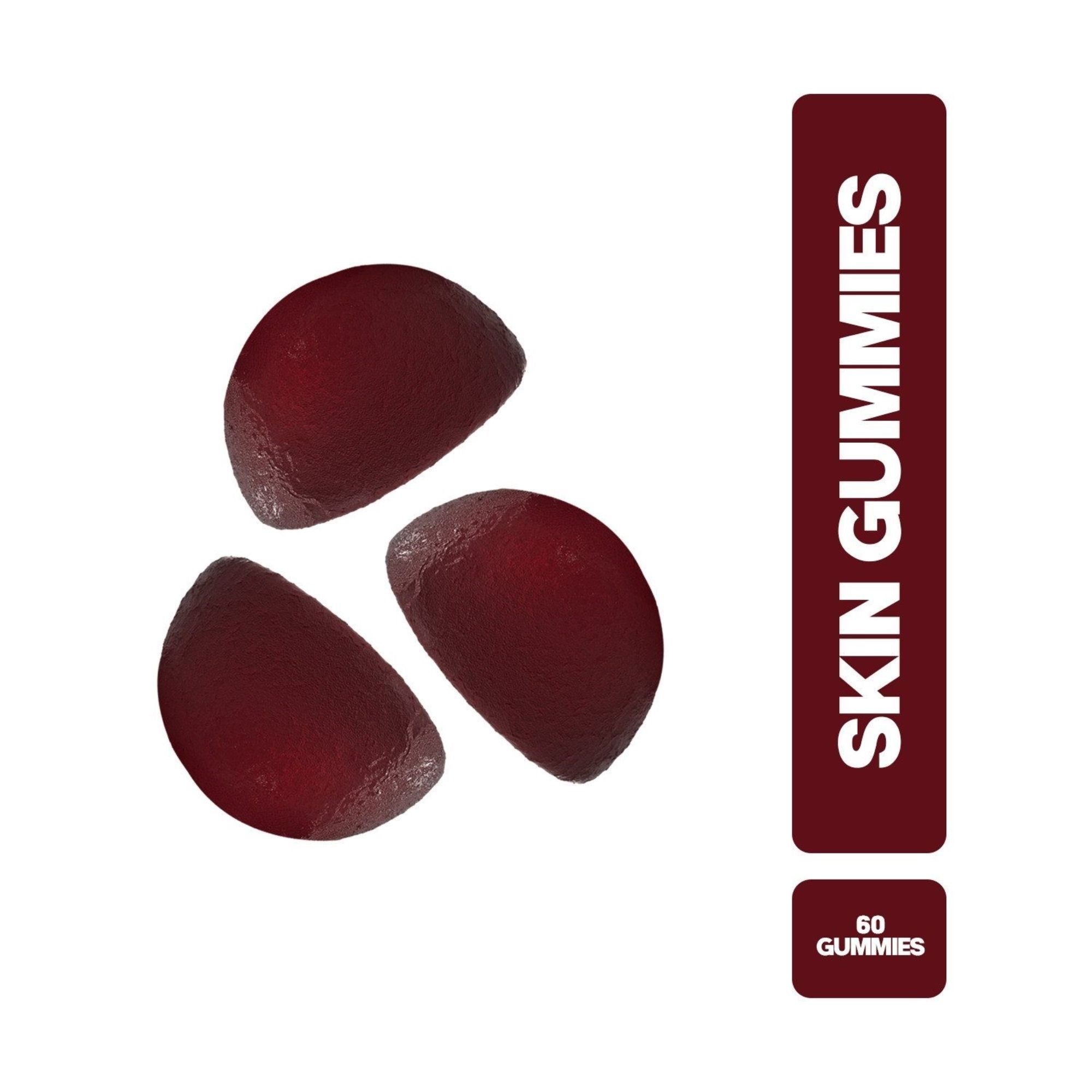 Drie donkerrode huidgummies, ernaast een verticaal etiket met "SKIN GUMMIES" en "60 GUMMIES".
