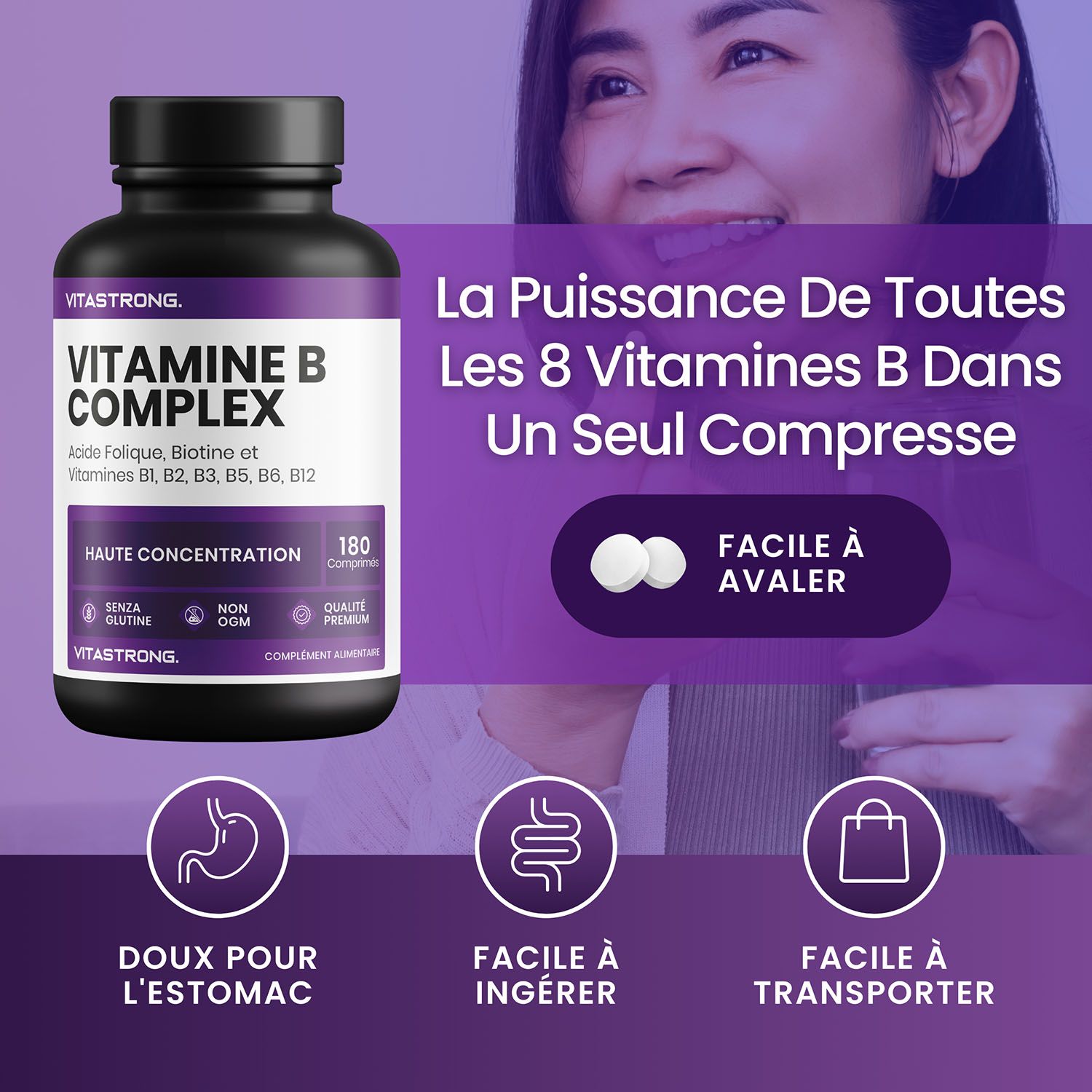 Vitastrong Vitamin B Complex fles en tabletten. Tekst: 'Facile da deglutire' en '180 compresse'.