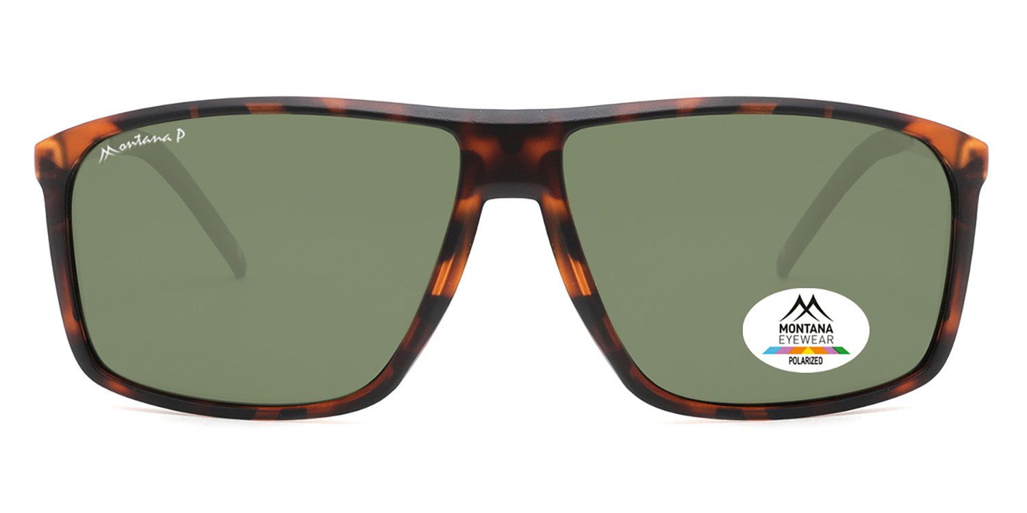 Zonnebril met bruin montuur en groene glazen. Montana Eyewear logo en Polarized sticker. Rechthoekige vorm.