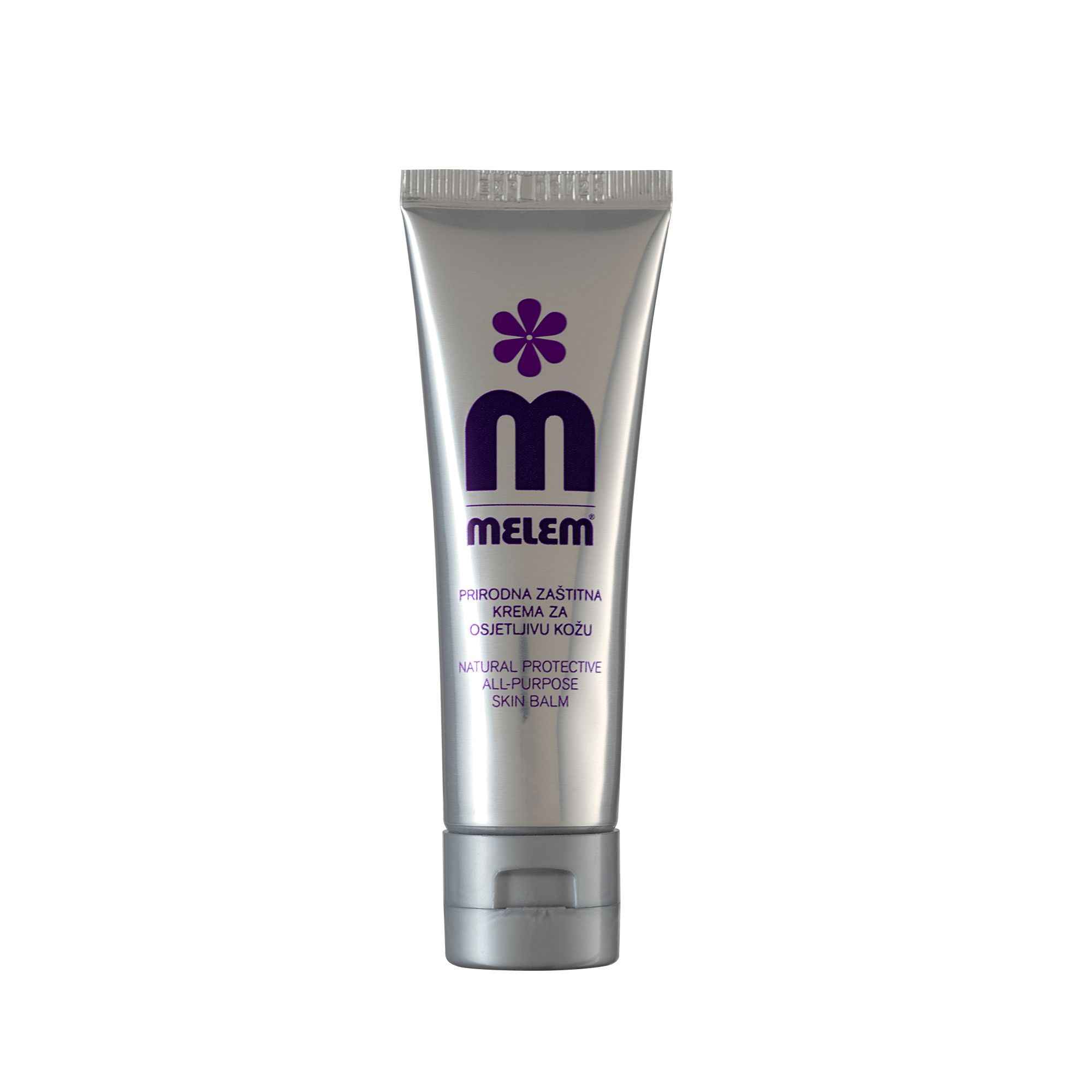 Tube argenté avec logo et texte: MELEM, crème protectrice naturelle pour la peau.